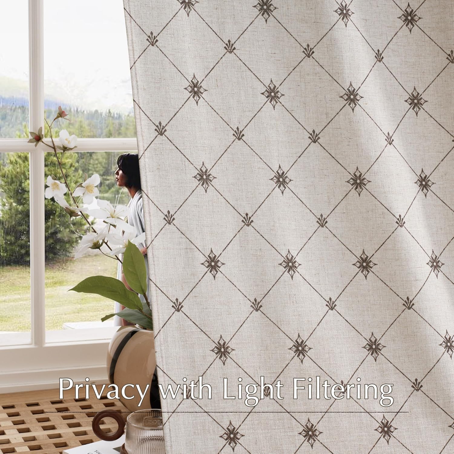 NICETOWN Living Room Curtains 84 inches Long Linen Textured (250GSM), Privacy Semi Sheer Geometric Window Treatments Diamond Pattern Light Filtering for Farmhouse, Taupe, W52 x L84, 2 Panels