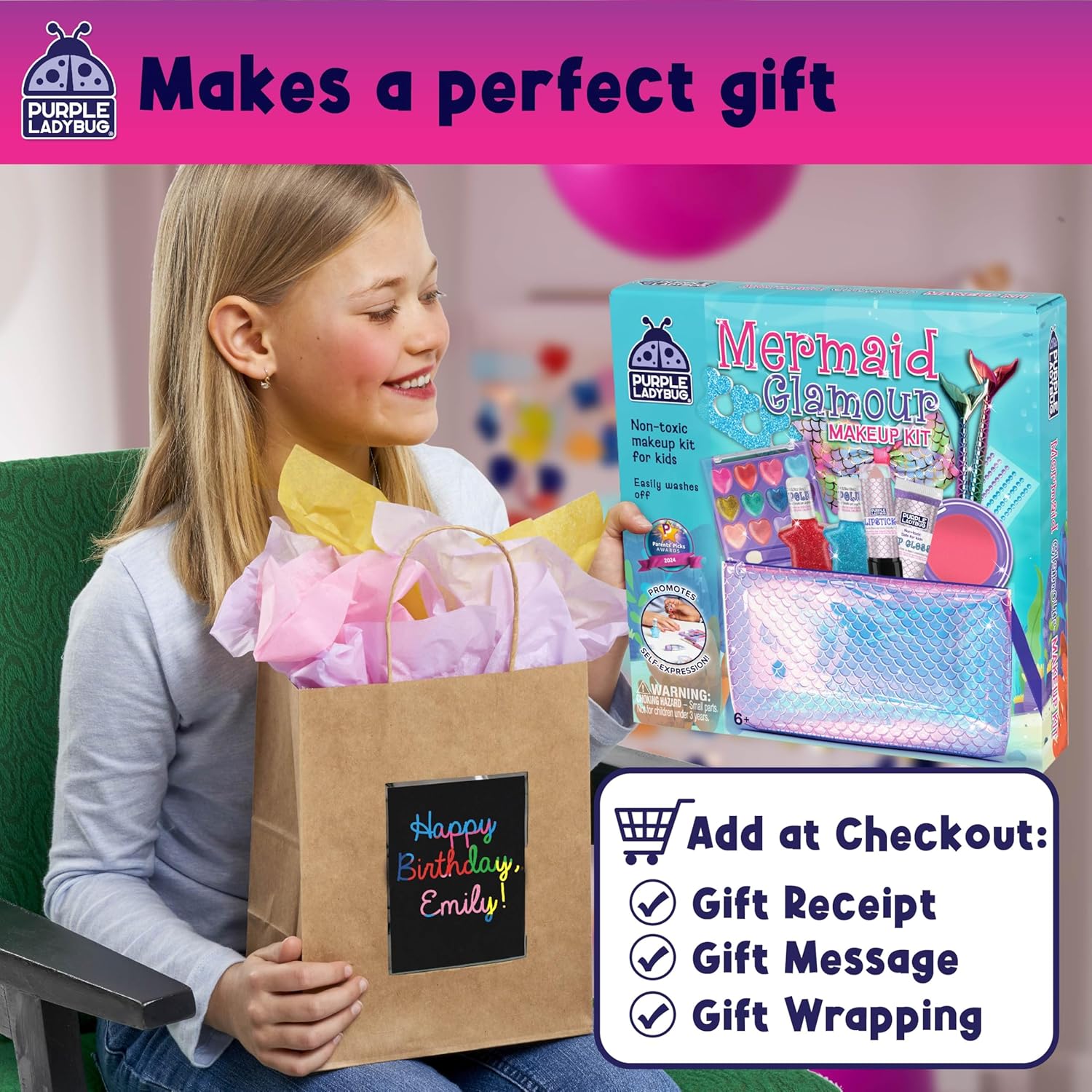 PURPLE LADYBUG Kids Makeup Kit - Birthday Gift for Girls, Mermaid Gifts for Girls 5-7, Vegan Kids Makeup Sets, Little Girl Toys Make up Set