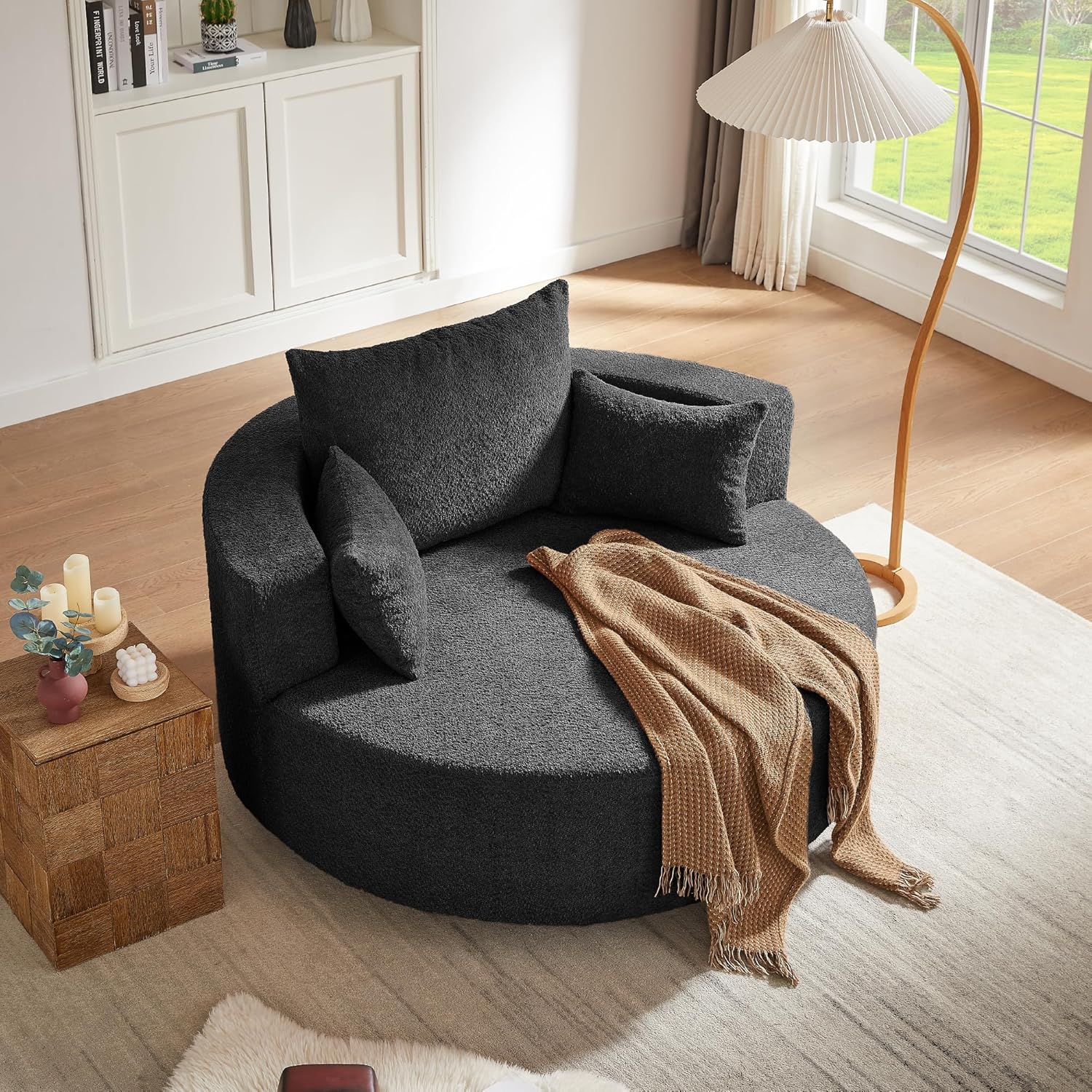 360 Degree Swivel Accent Chair Lounge Armchair for Living Room 55.1" Oversized Fluffy Chenille Upholstered Round Reading Chair Single Sofa Chair w/ 3 Throw Pillows for Home Office Apartment