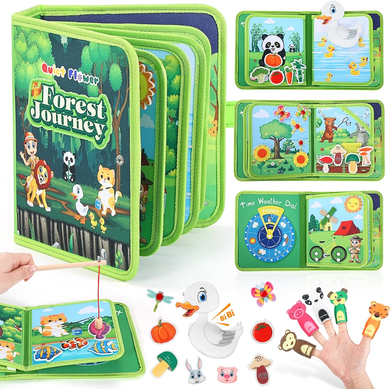 Busy Book for Toddlers 1-3，Montessori Plane Toys Busy Board for 1 Year Old with Fishing Game Finger Puppet Motor Skill，Educational Learning Quiet Activity Sensory Book, 1 2 3 4 Boy Girl Birthday Gift