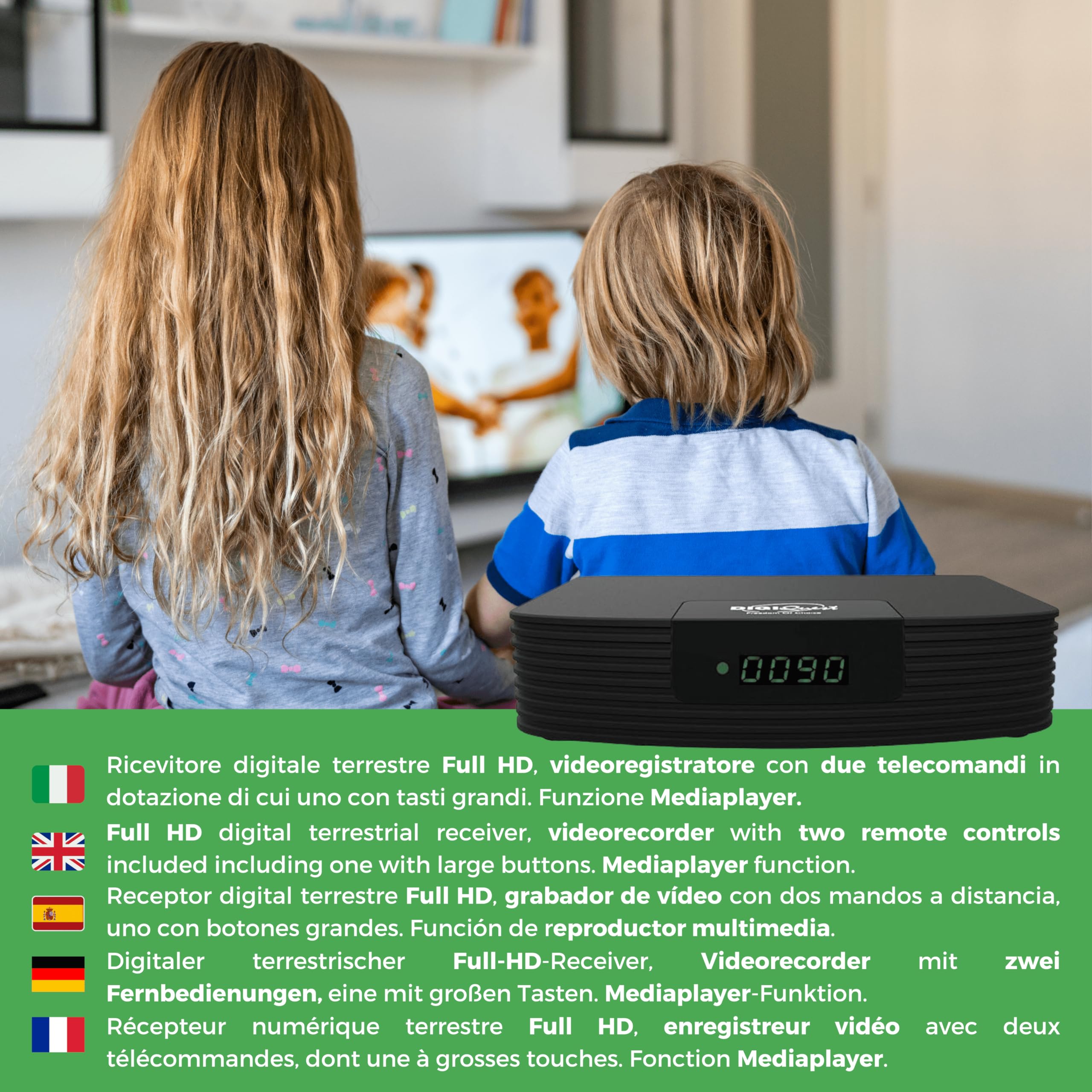Digiquest DGQ990 HD Plus - Decoder Digitale Terrestre DVB-T2 Full HD REC con display e doppio telecomando di cui uno con tasti grandi 2 in 1 | Funzione di registrazione | Facile da utilizzare