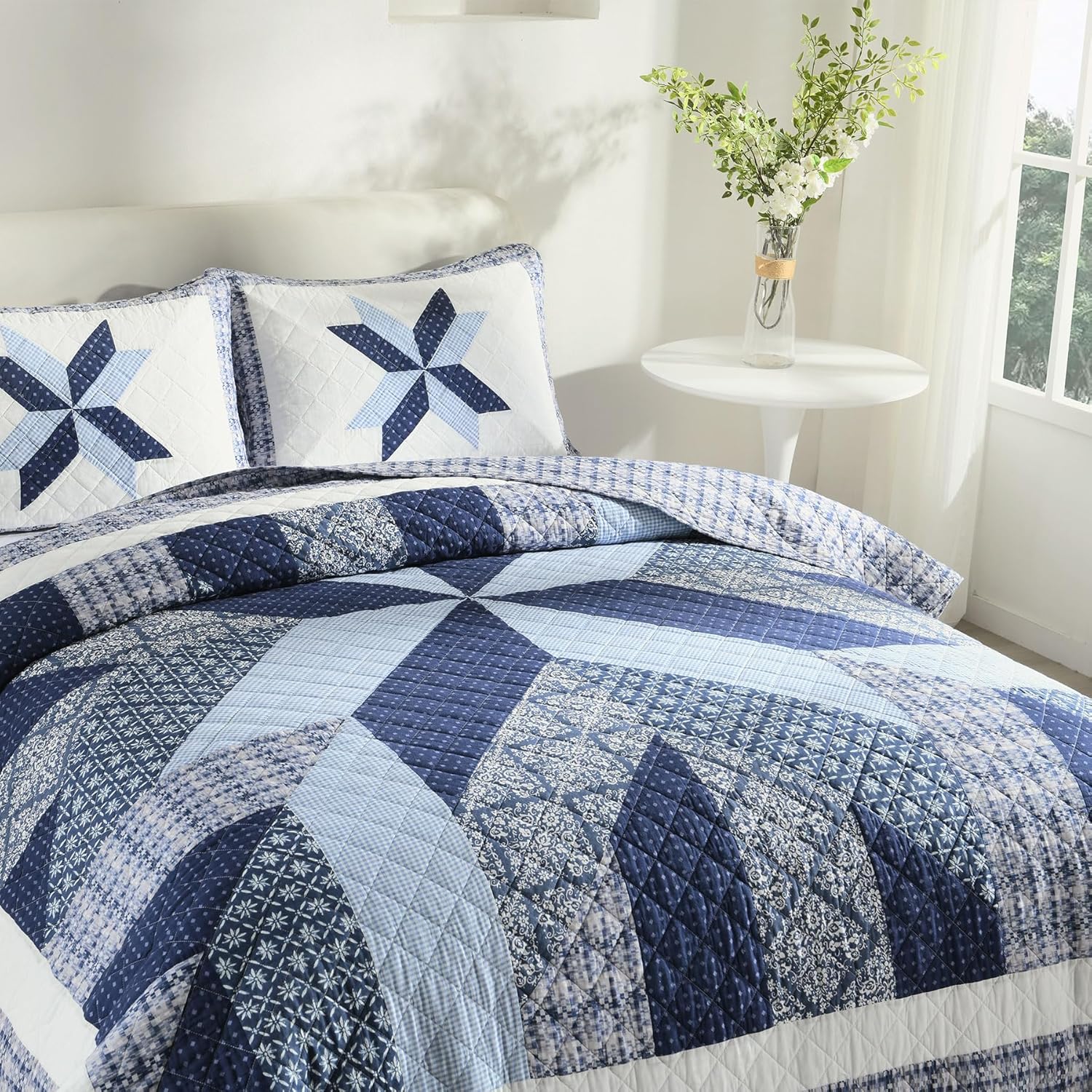 Secgo Handmade Quilted 100% Cotton Queen Comforter Set for Bed - 100% Cotton Quilts Queen Size, Black Bedspreads (90 * 98 Inch) with 2 Pillow Shams, Patchwork Reversible Lightweight Bedding - Image 2