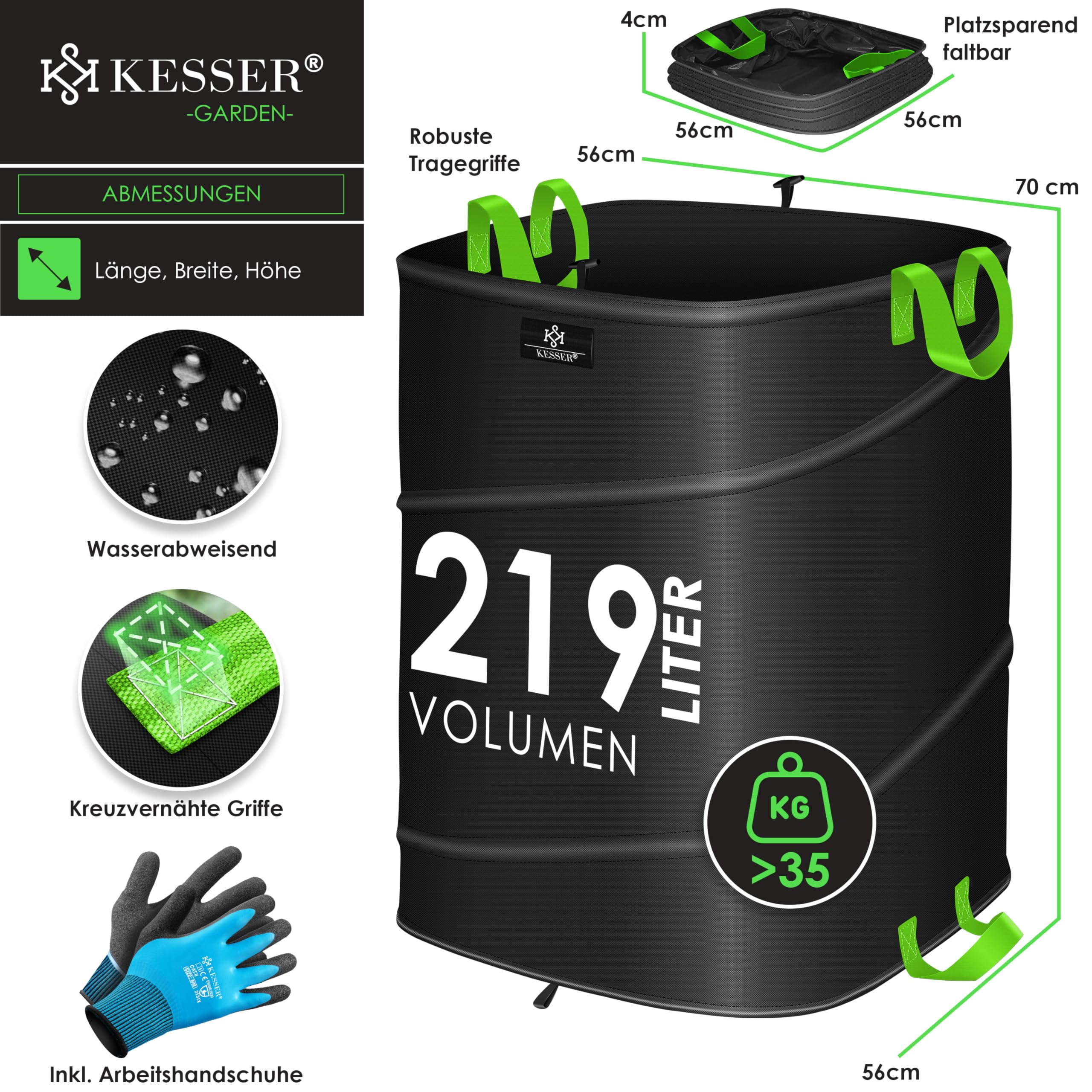 KESSER® Sac à déchets de jardin Pop-Up 219L - Sac à feuilles, sac à déchets de jardin incluant des gants | Autoportant avec poignées - Stable, robuste et pliable | Sacs à feuilles, sacs de tonte de