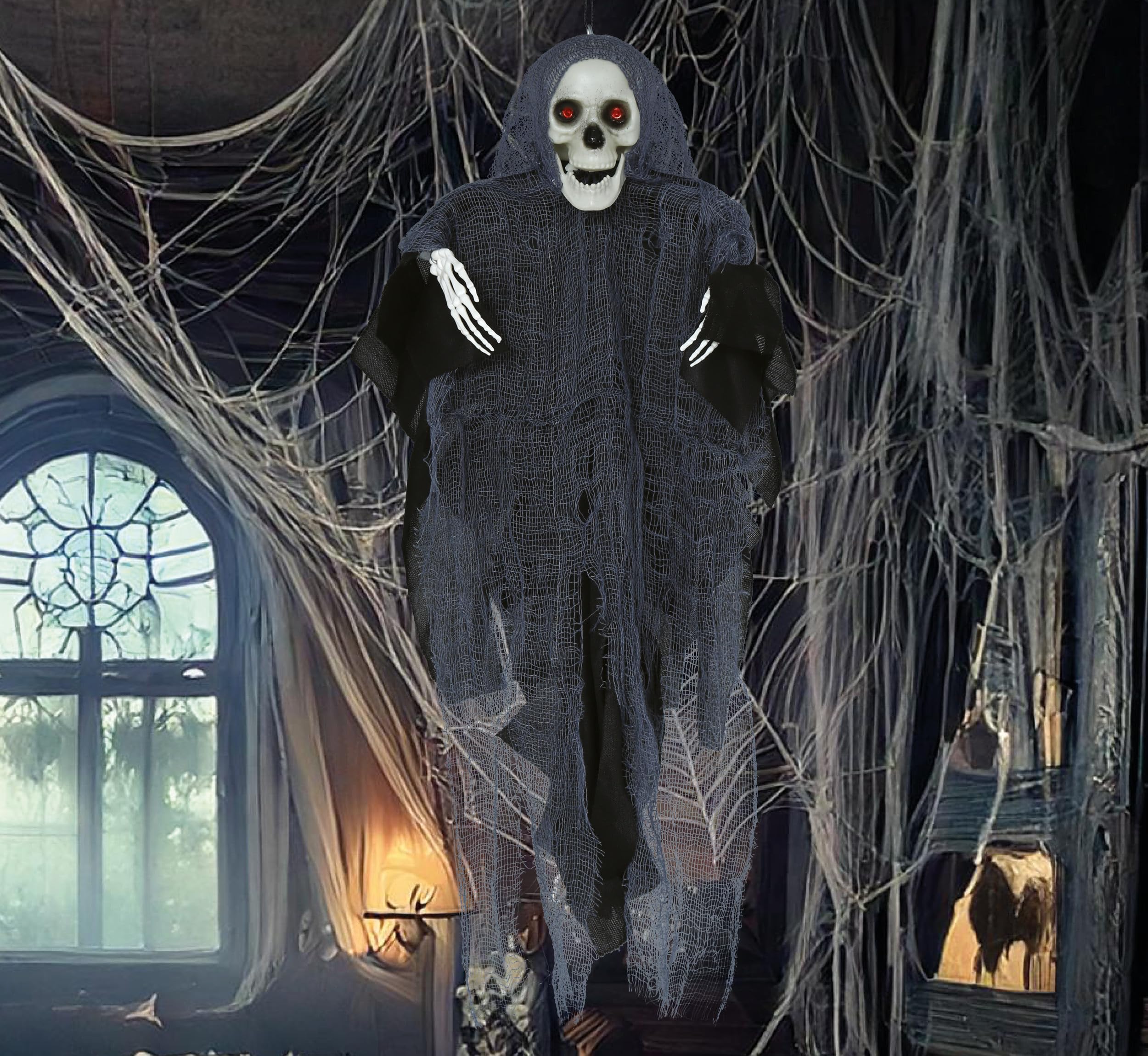 FIESTAS GUIRCA | Hanging Skeleton with Tunic (15.7 in) - Halloween Decoration for Horror Parties and Skeleton Celebrations - Ideal for Spooky Environments and Scary Scenes - Grey Black