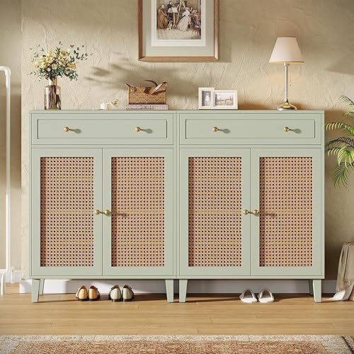 Miniatura 8 de Tribesigns Armario de zapatos con puertas y cajón, organizador de zapatos bohemio moderno de 6 niveles con estante ajustable, zapatero alto de ratán