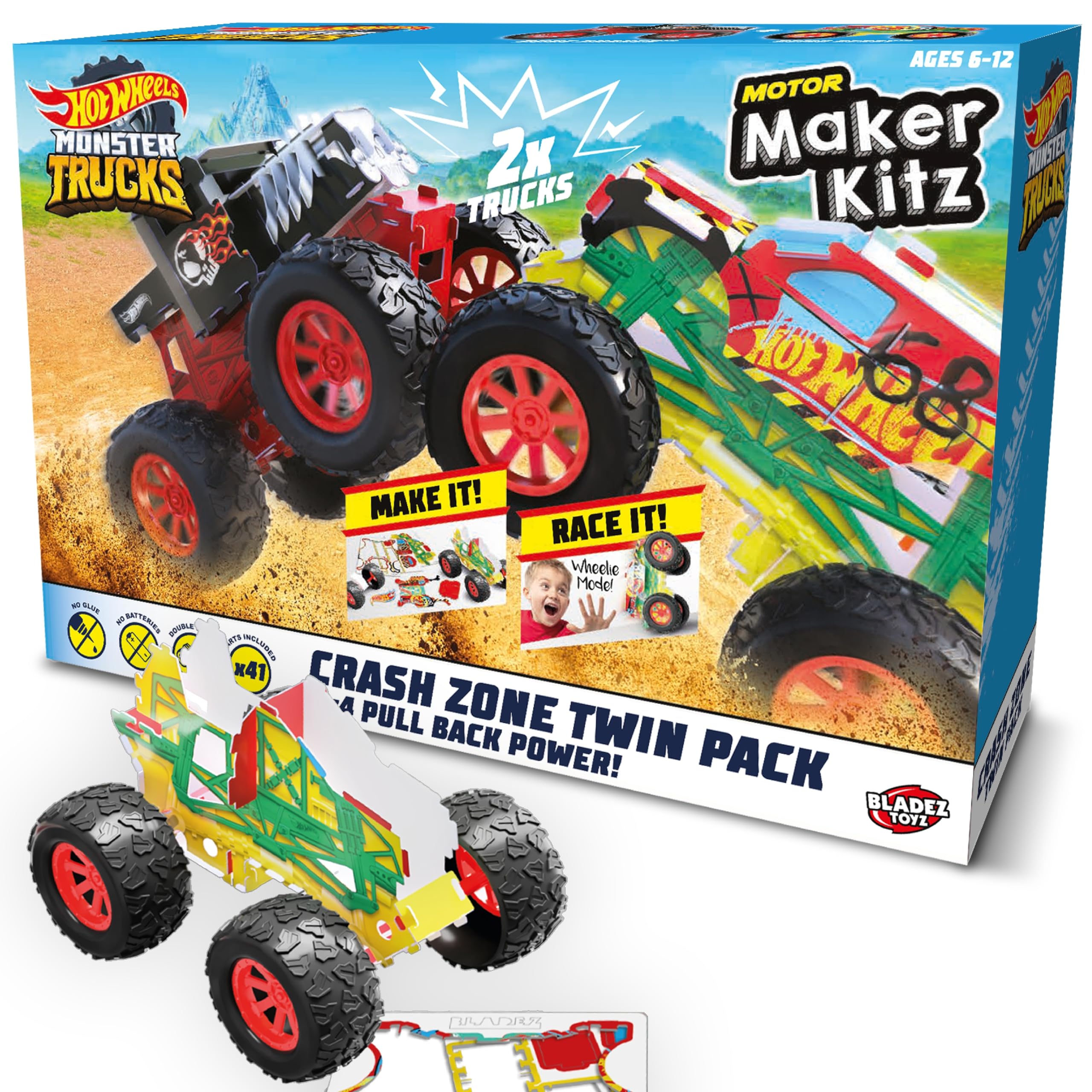 BLADEZ Hot Wheels Toyz Monster Trucks Build Kit - Crash Zone Twin Pack with Pull Back Action & Stunt Ramp - Hot Wheels Maker Kitz for Kids - Easy-to-Build, Eco-Friendly & Iconic Hot Wheels Playset
