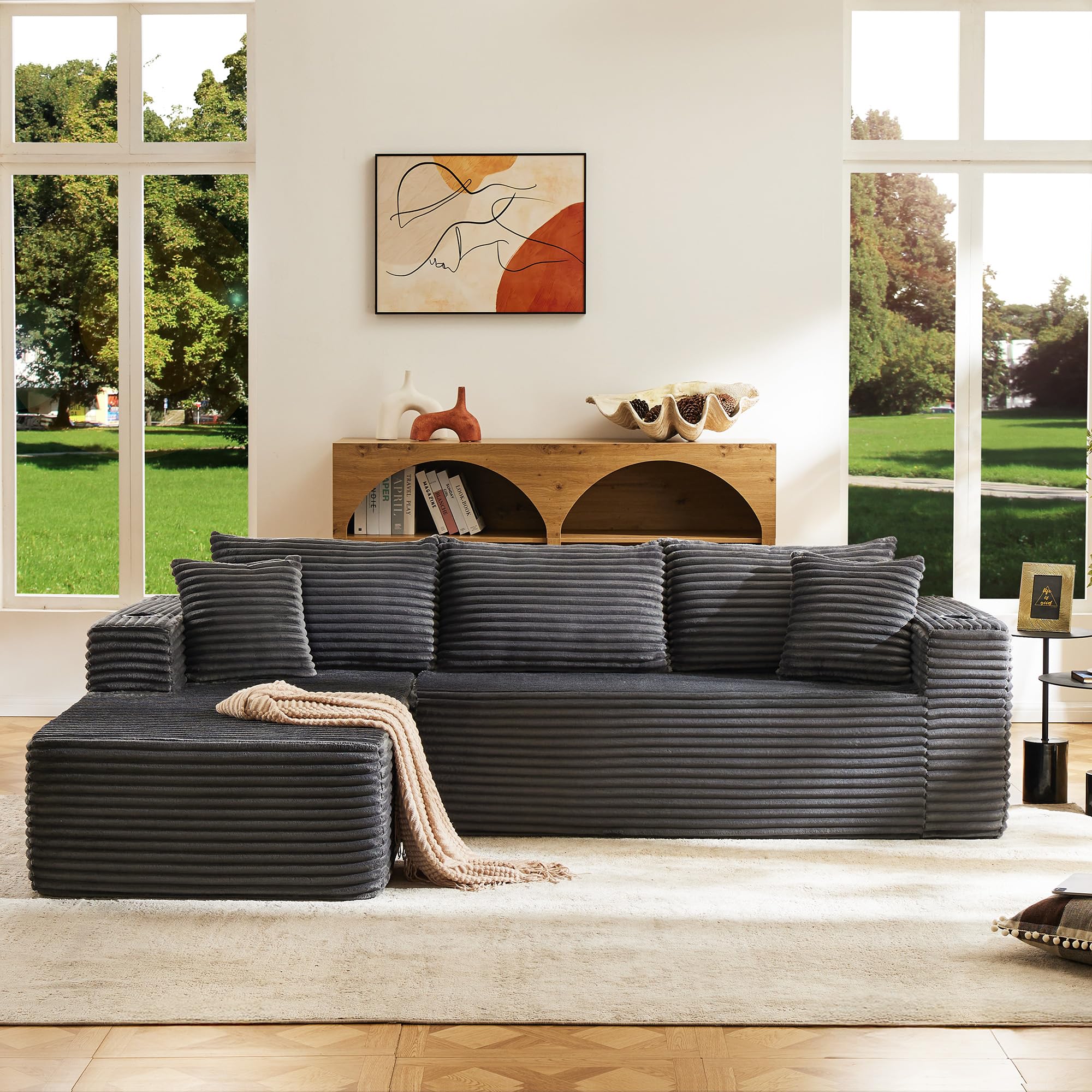 Modular Compressed Sectional Sofa Set Velvet Corduroy Upholstery Convertible Couch with Cup Holders and Pillows for Living Room