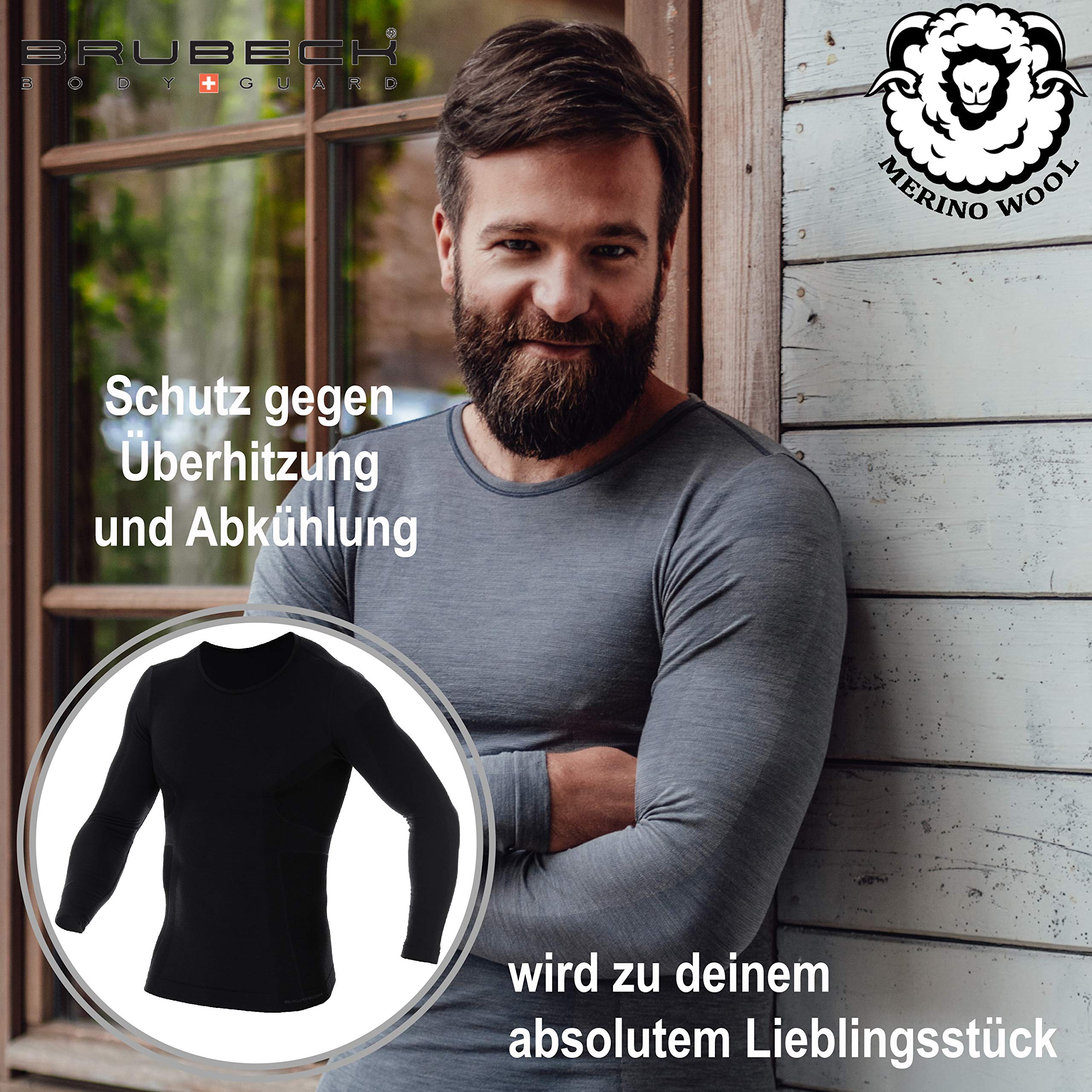 BRUBECK LS11600 - Camiseta de Manga Larga para Hombre (Transpirable, 41% Lana, Ropa Interior Funcional, para Senderismo, Trekking, Talla XL), Color Negro