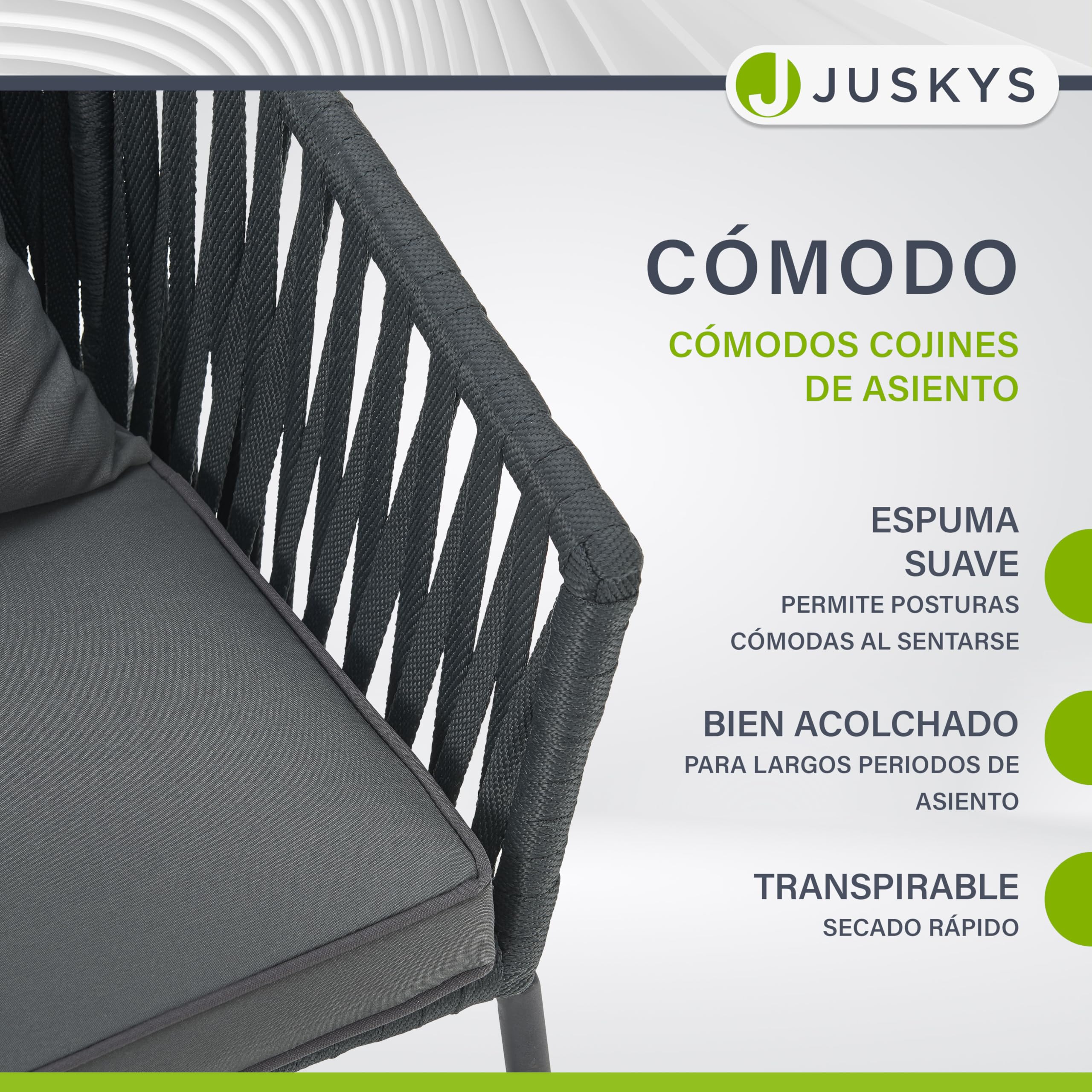 Juskys Rope - Juego de 2 sillas de jardín resistentes a la intemperie, soporta hasta 160 kg, cojines de asiento y respaldo de poliéster, 2 sillas de acero y polipropileno para jardín, terraza y balcón