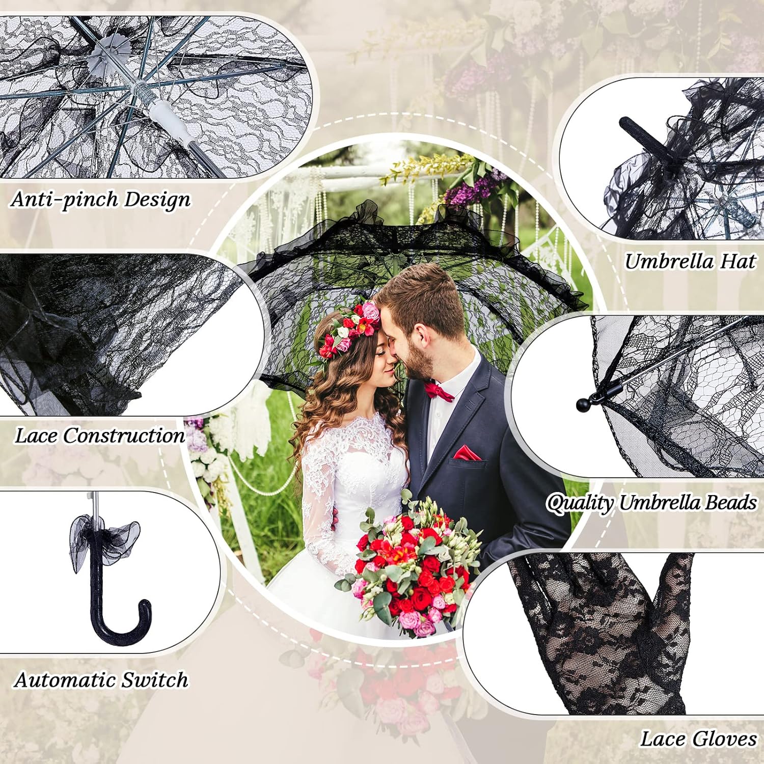 Lace Parasol Umbrella and Lace Gloves Set Wedding Bridal Umbrella for Decoration Tea Party Costume 31.5 Inch Adult Size