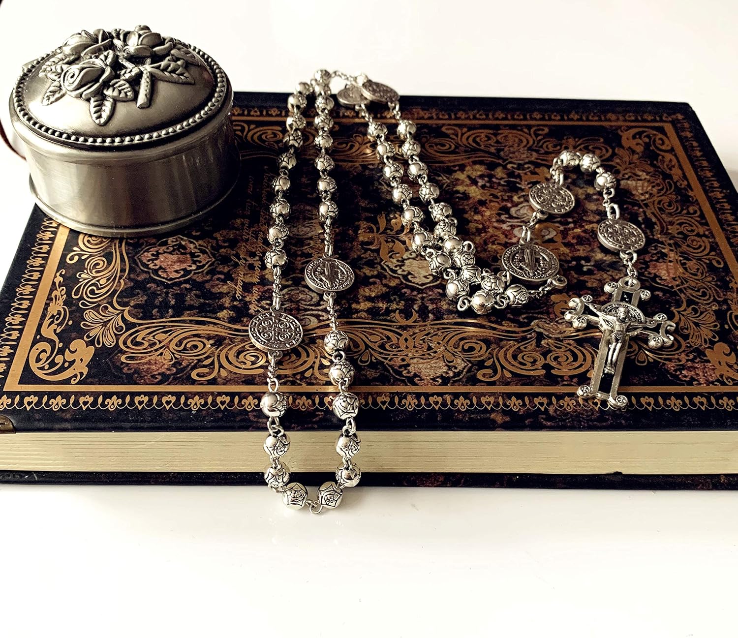 elegantmedical Handmade Silver Rose Beads St. Benedict gift Rosary Catholic Necklace Cross Jerusalem - Image 2
