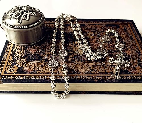 Miniatura 2 de elegantmedical Hecho a mano de plata rosa cuentas San Benito regalo rosario católico collar cruz Jerusalén