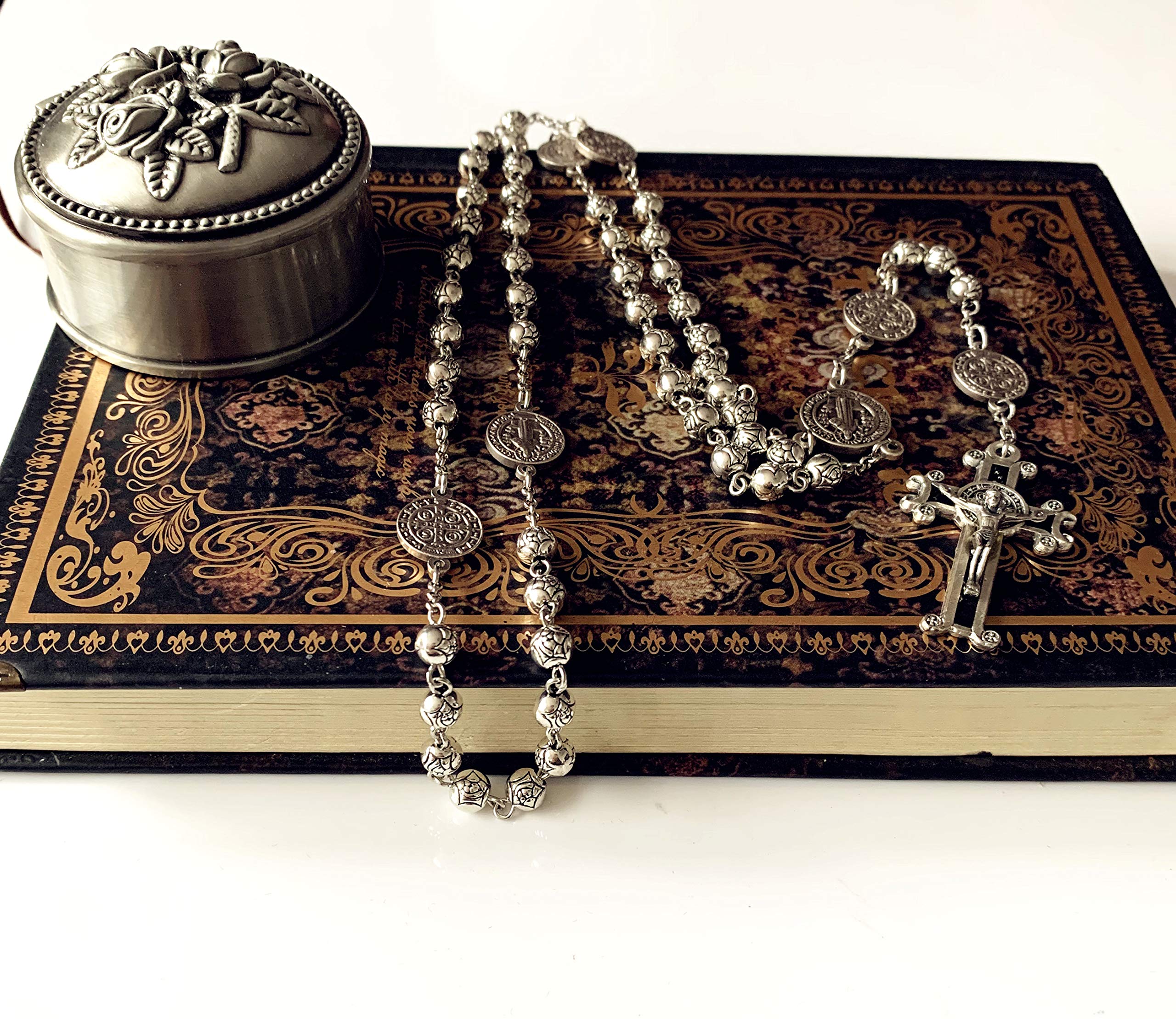 elegantmedical Handmade Silver Rose Beads St. Benedict gift Rosary Catholic Necklace Cross Jerusalem