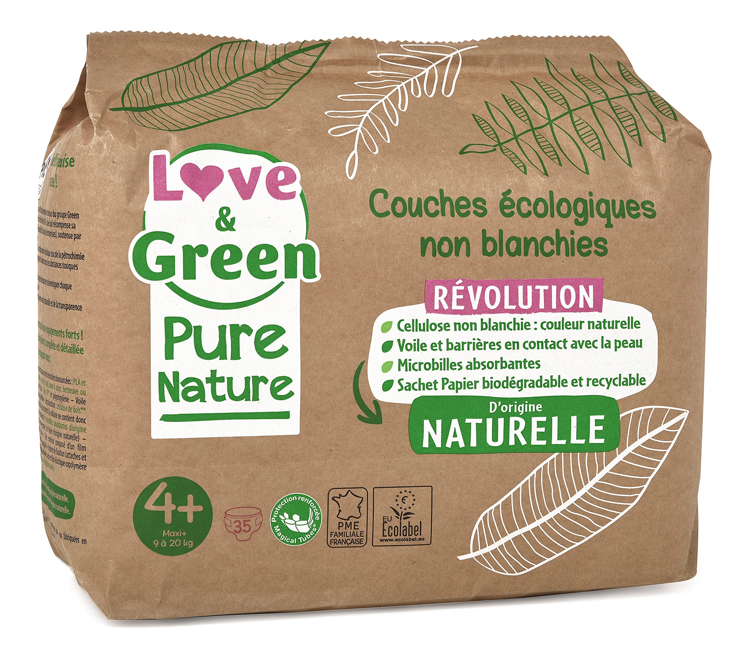 Love & Green Pure Nature Pack 210 ekologicznych pieluch niewybielonych T4+ x 35 (9-20 kg)