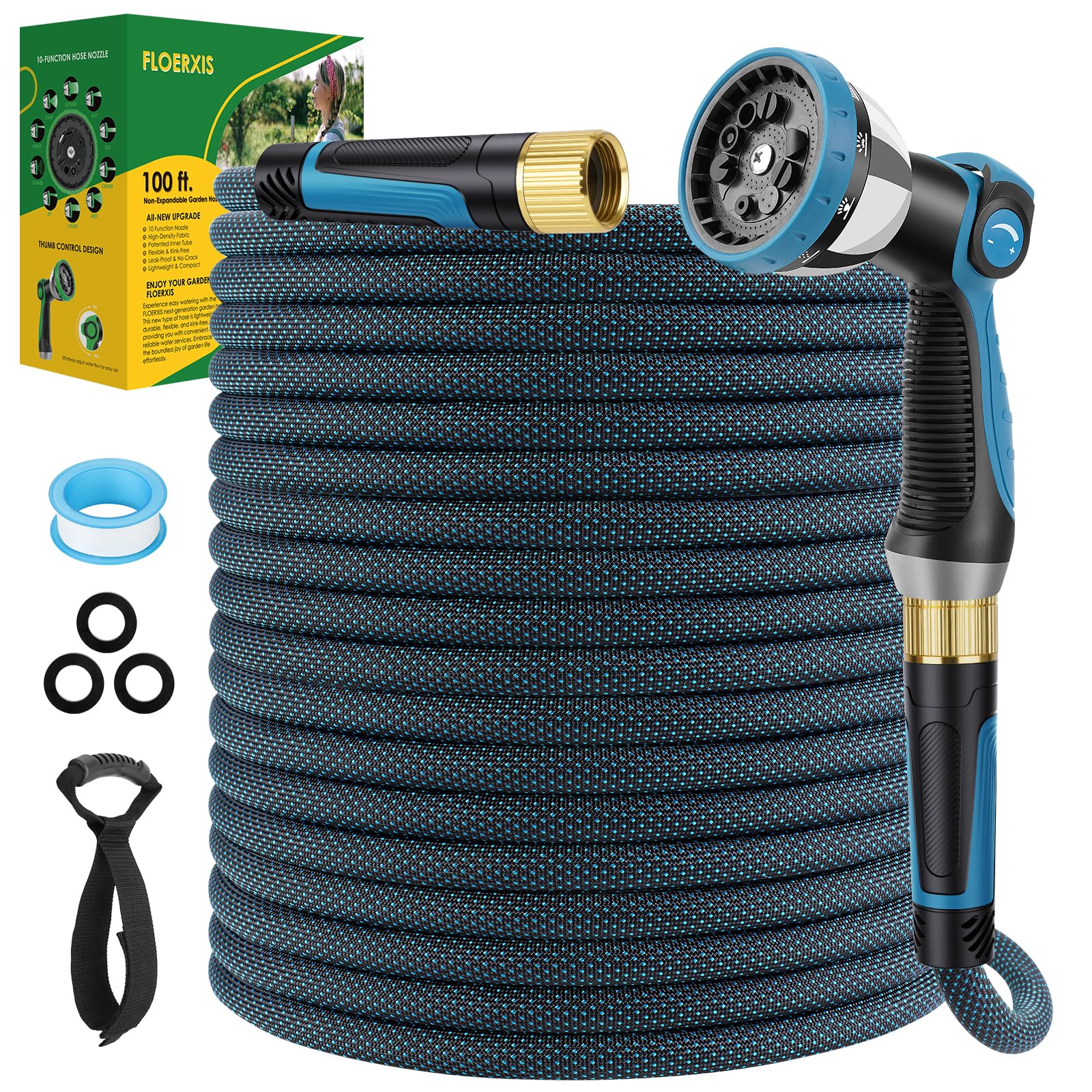 FLOERXIS Non-Expandable Garden Hose 50 FT, Lightweight Hose with 10 Function Spray Nozzle, Kink-Free Flexible Water Hose, Durable, Leak-Proof, 360° Swivel Connectors, Portable Storage Strap — view 15