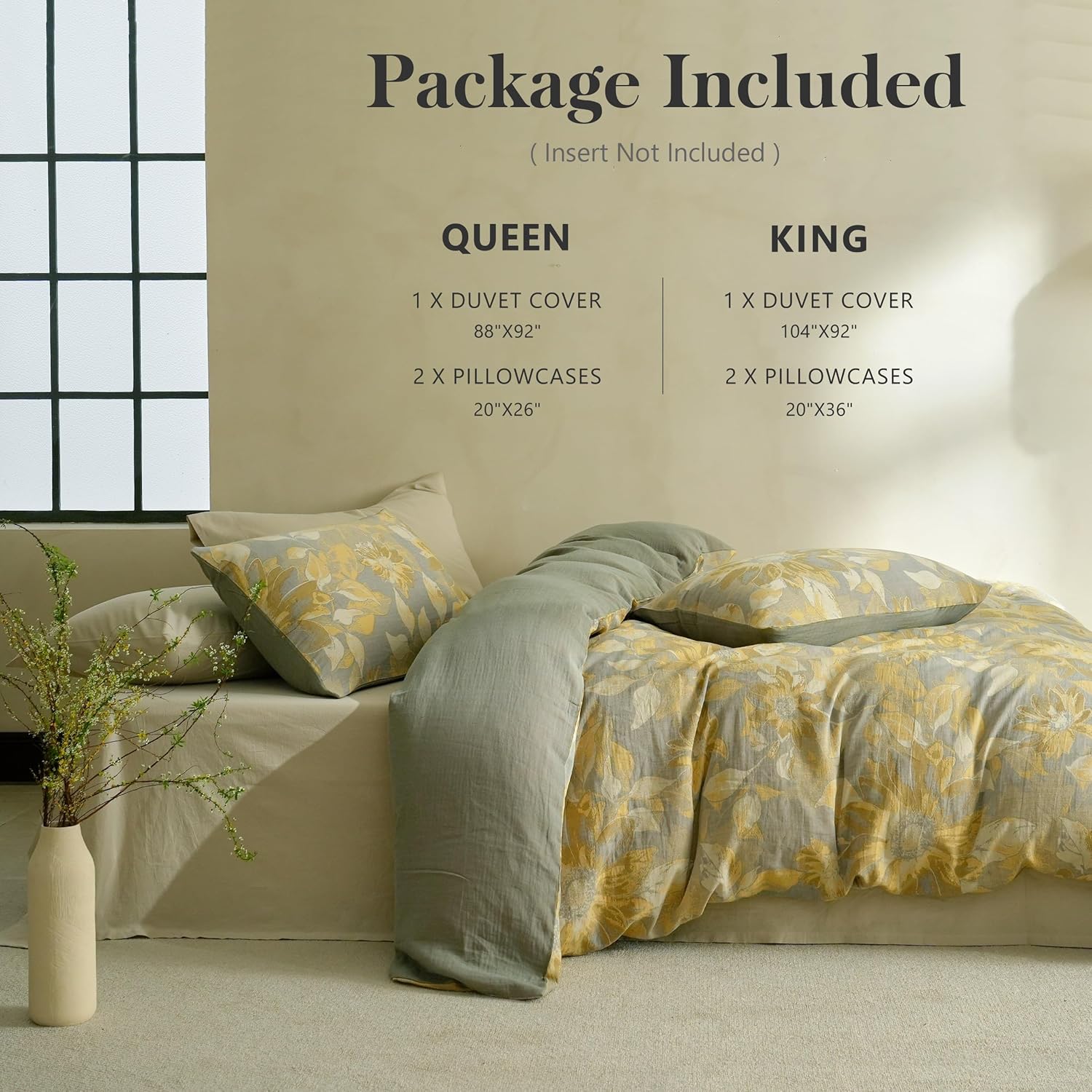 Simple&Opulence Muslin Duvet Cover Set Queen Size, 100% Washed Cotton 3 Pieces Yarn-Dyed Vintage Yellow Floral Jacquard Textured Bedding, Soft & Breathable Gauze Comforter Cover with Zipper Closure
