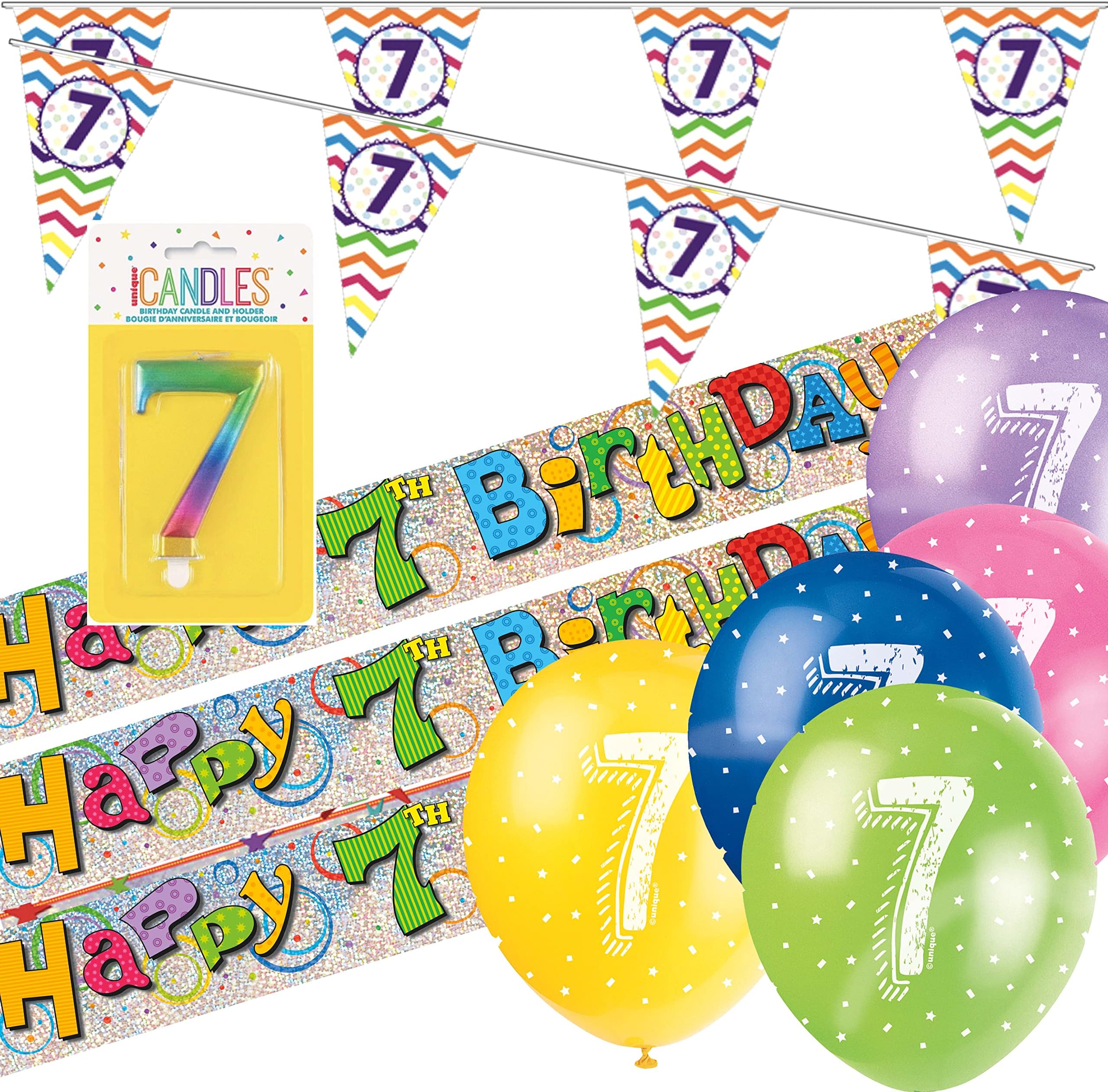 7th Birthday Kit: 7th Birthday Bunting, 7th Birthday Banner, 7th Birthday Balloons, 7th Birthday Candle, Kids 7th Birthday Decorations, 7th Birthday Rainbow Decorations, suitable for boys and girls