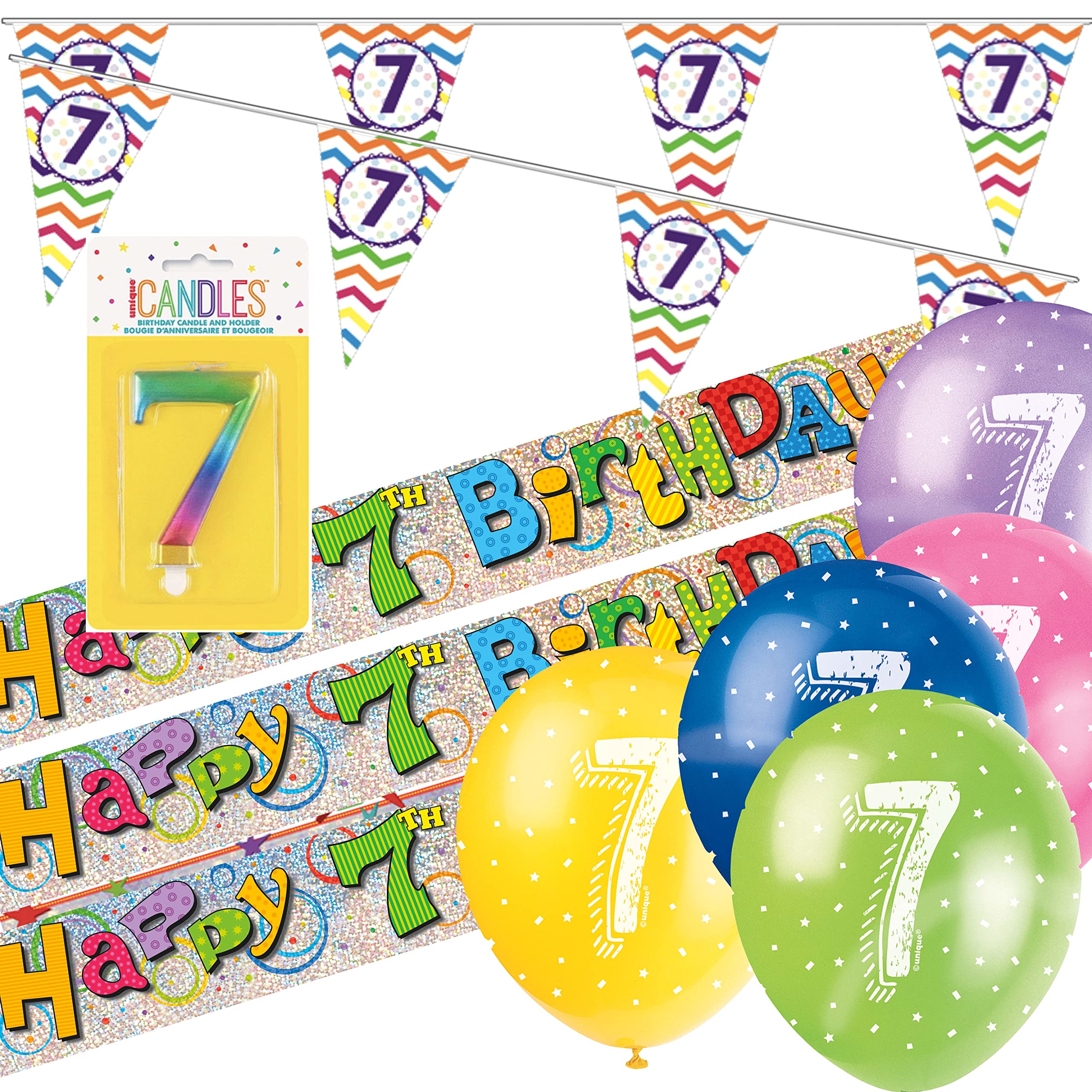7th Birthday Kit: 7th Birthday Bunting, 7th Birthday Banner, 7th Birthday Balloons, 7th Birthday Candle, Kids 7th Birthday Decorations, 7th Birthday Rainbow Decorations, suitable for boys and girls