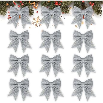 Pack of 12 Christmas bows silver glitter bows Christmas tree bow bow Christmas tree decoration bows for Christmas party Christmas wreath Christmas tree 15 x 12 cm
