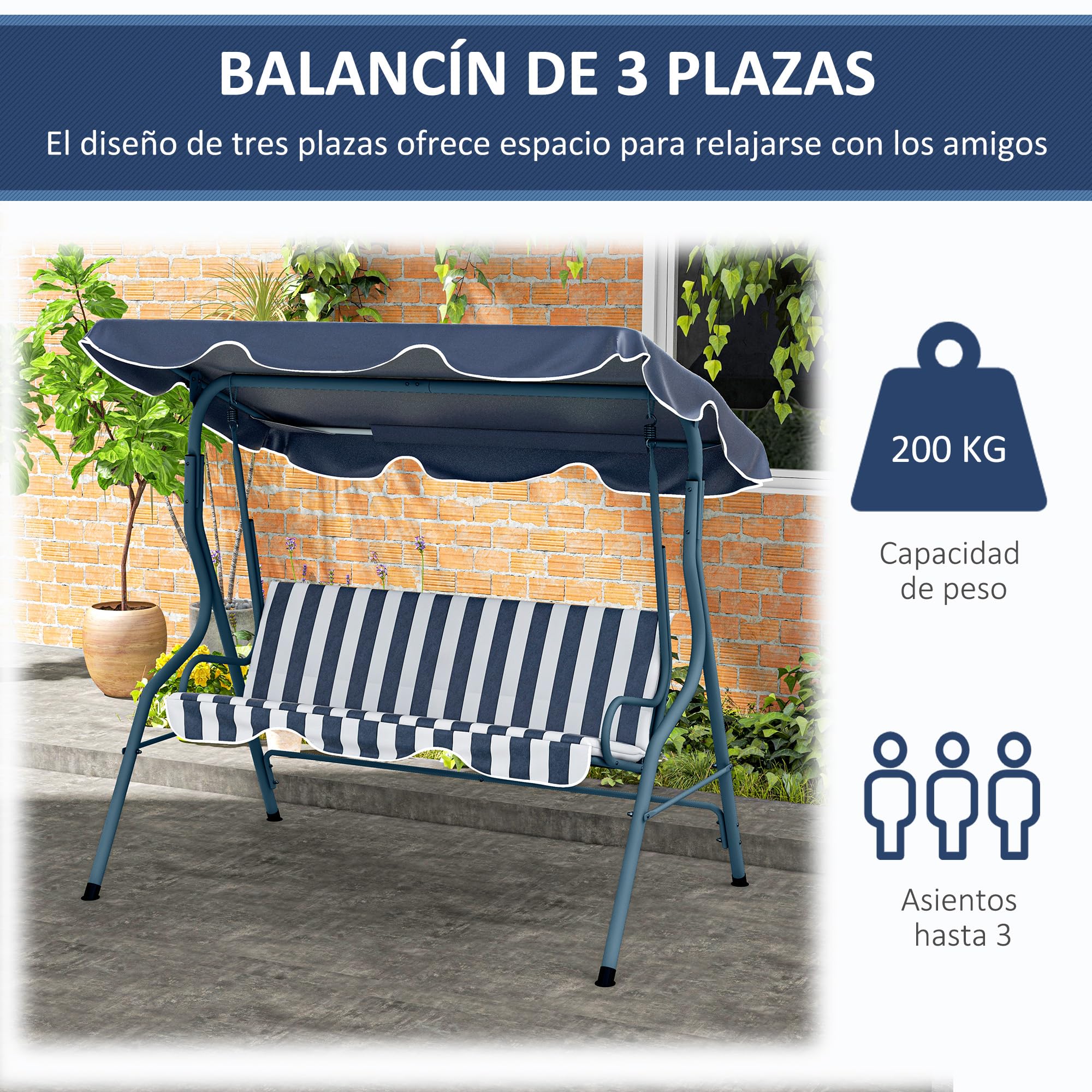 Outsunny Columpio de Jardín de 2-3 Plazas, Balancín de Exterior con Toldo Ajustable en Ángulo, Impermeable y Marco de Acero, para Patio, Balcón, 170x110x153 cm, Azul