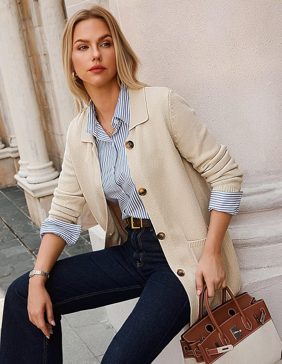 GRACE KARIN Women's Fall Long Cardigan Sweaters with Pockets, Button Knit Blazer Trendy, Open Front Dressy Casual Jacket - Image 4