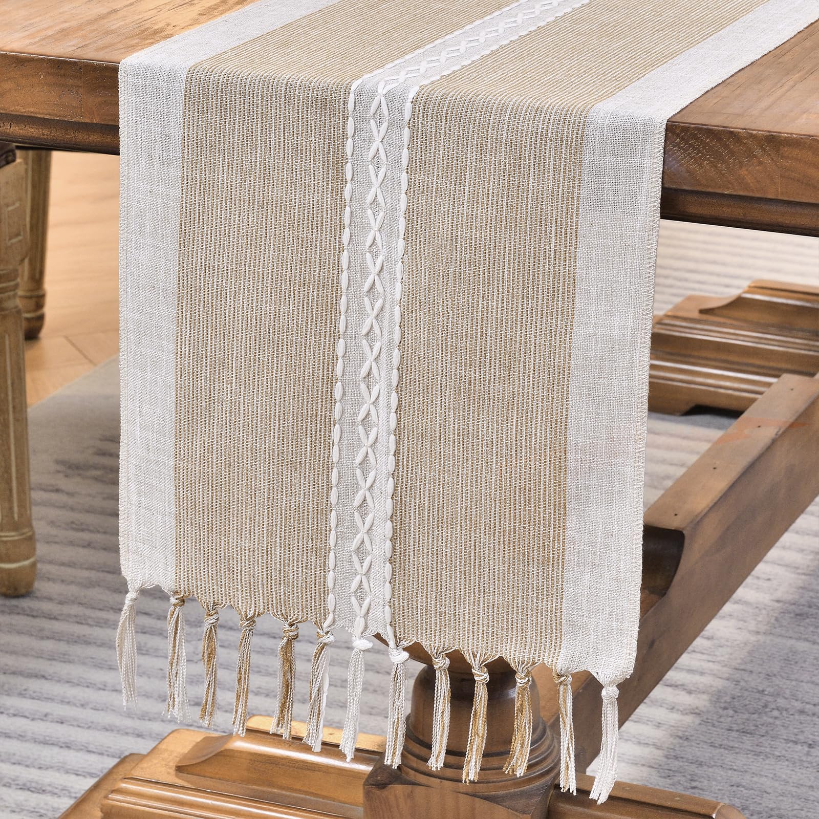 Runner da tavolo rustico in lino intrecciato bohémien per tavolo da pranzo, 33*143 cm, marrone | Leroy Merlin