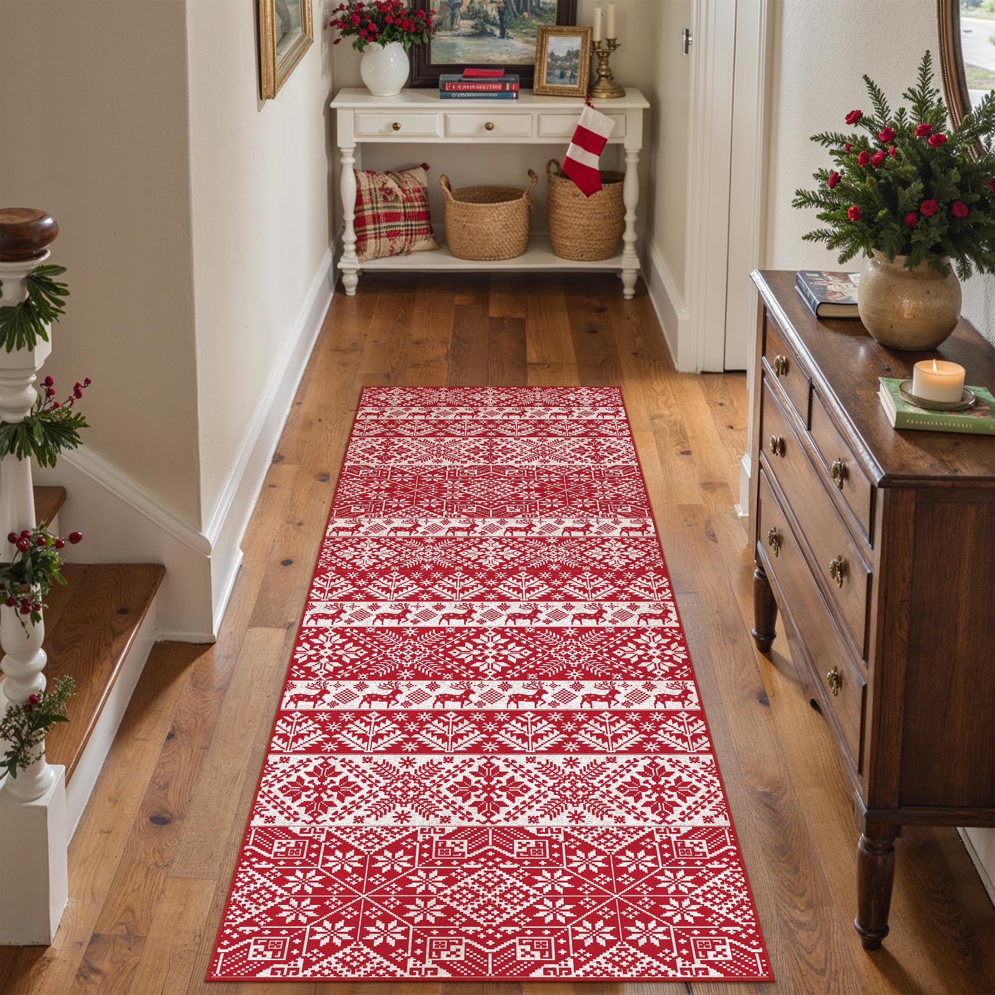 Tapis de couloir de Noël lavable flocon de neige antidérapant 60 x 180 cm rouge PureCozy