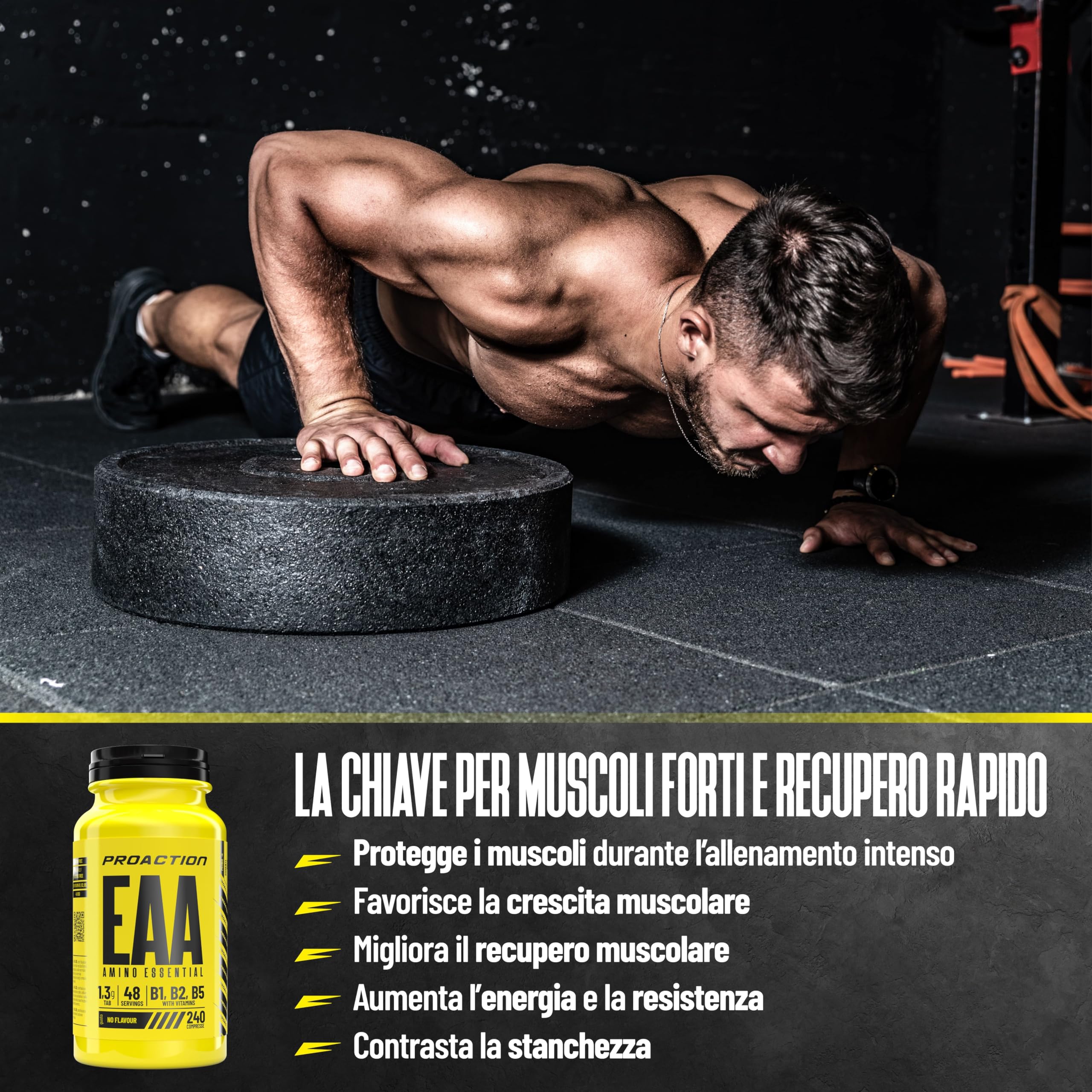 ProAction Aminoacidi Essenziali | EAA Aminoacidi Essenziali in Compresse | Recupero Muscolare, Crescita & Energia | Con BCAA e Vitamine B1, B2, B5 | Senza Zuccheri, Glutine e Lattosio | 240 Compresse