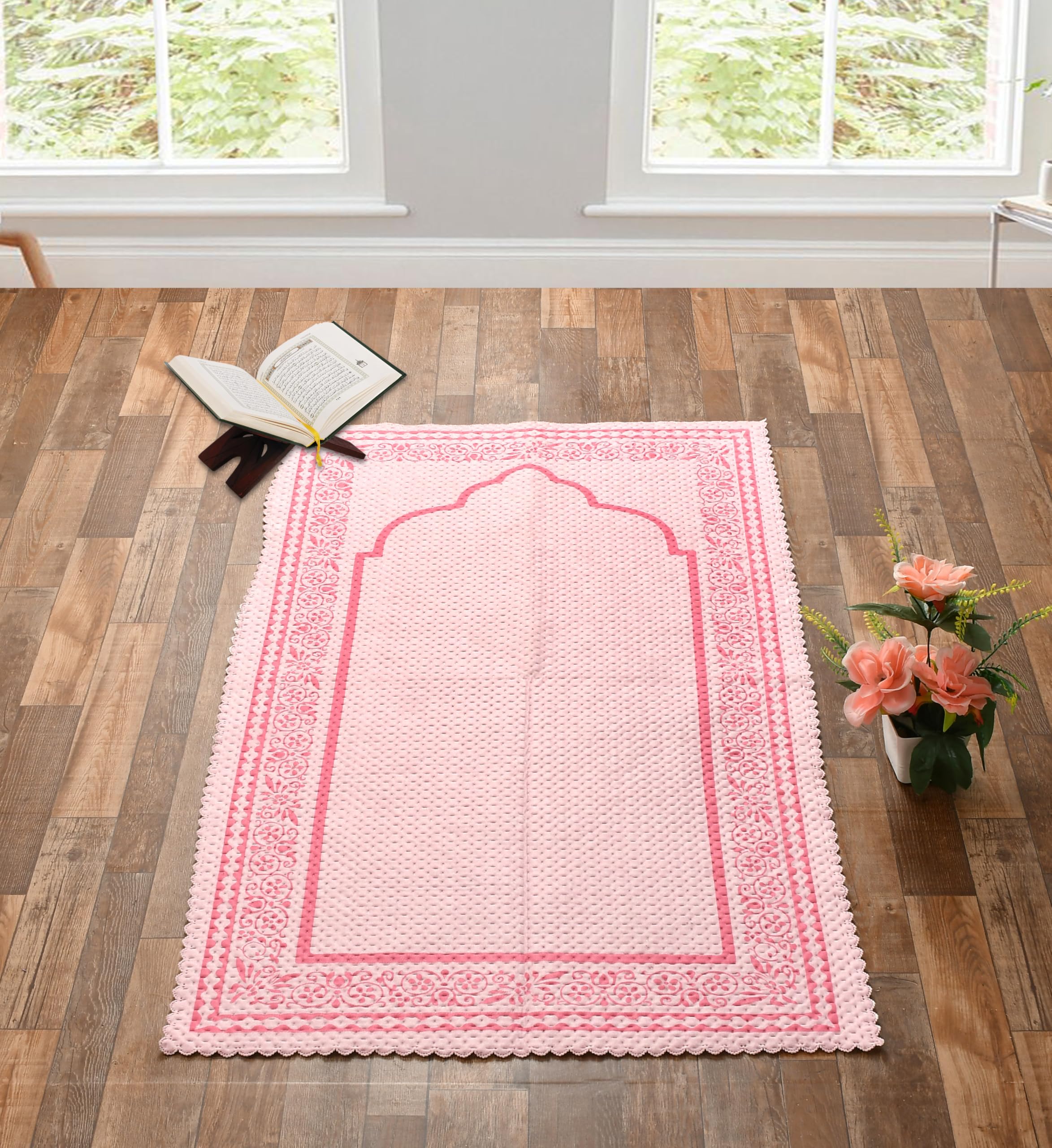 KETOSTICS Premium Velvet Printed Prayer Rug - Soft Turkish Janamaz Sajada Carpet Prayer mat/Meditation Janamaz for Namaz Muslim|80x120 cm|Pink-image-4