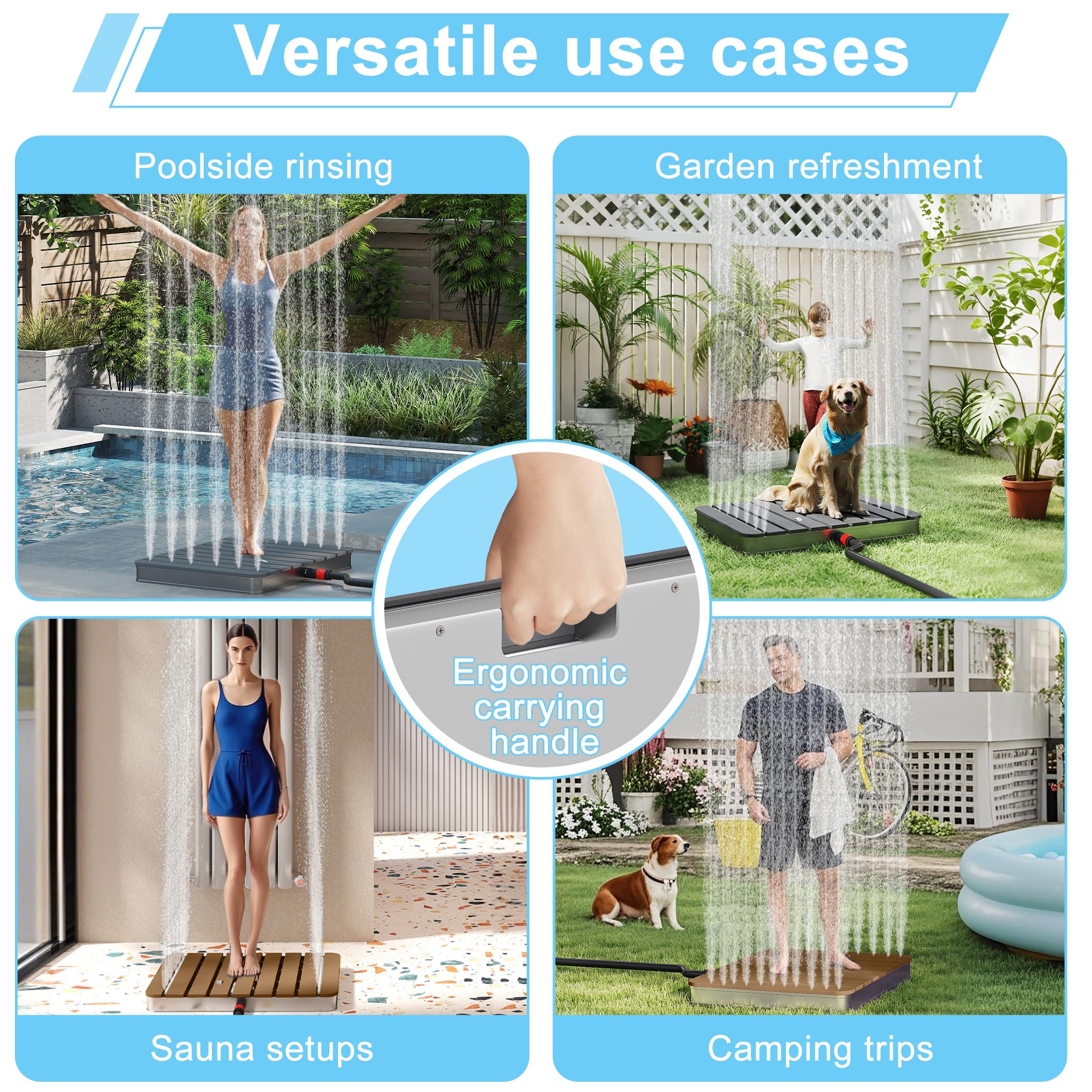 XMTECH WPC - Ducha de jardín antideslizante para exteriores, ducha de camping, ducha exterior, cartucho de sauna, 70 x 55 cm, rectangular, para camping, jardín, piscina, ducha con rueda de pie