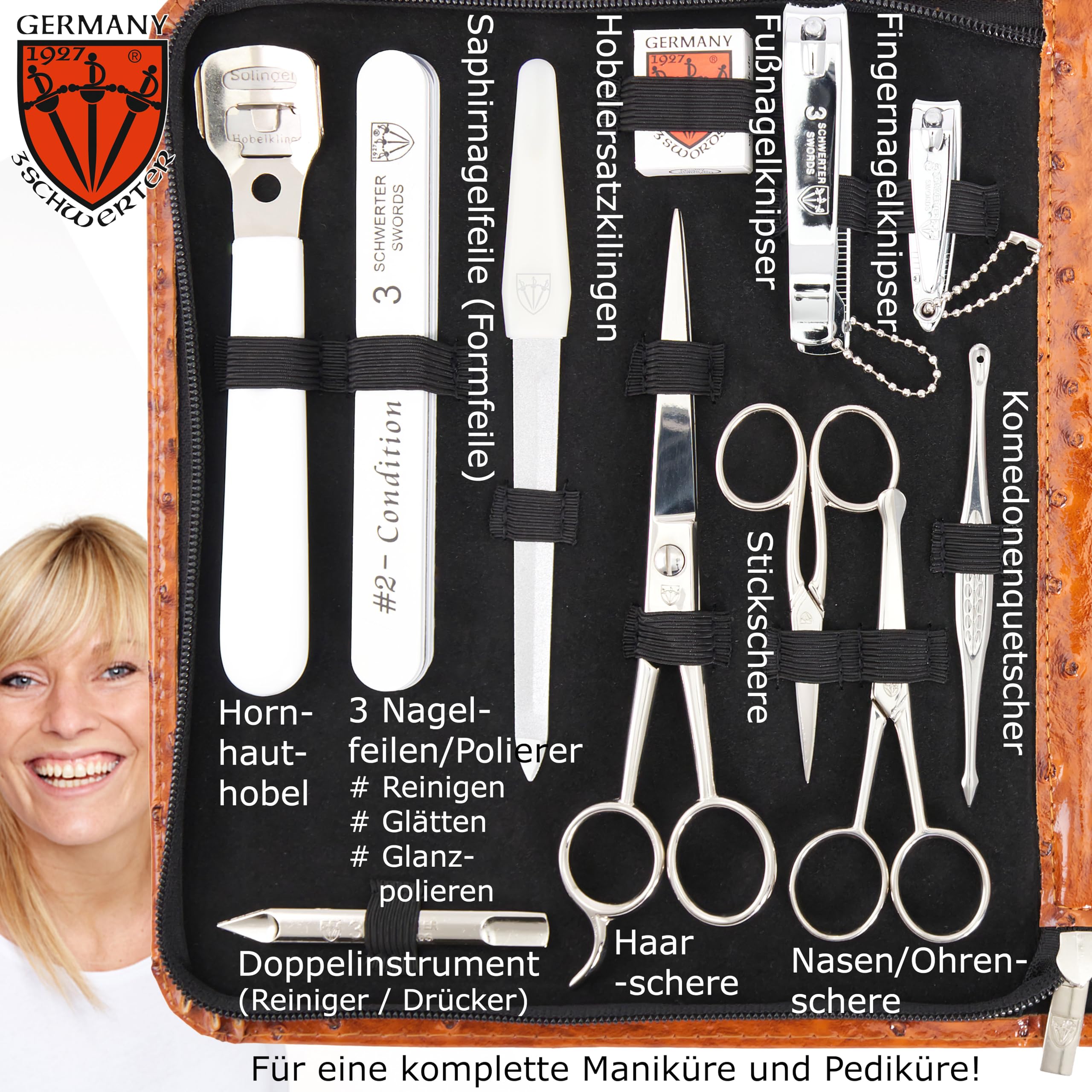 DREI SCHWERTER - Germany Varese - Estuche de uñas (23 piezas, todo en uno) | Juego de uñas de manicura en estuche de piel sintética con aspecto de avestruz | Contenido: tijeras para uñas, alicates,