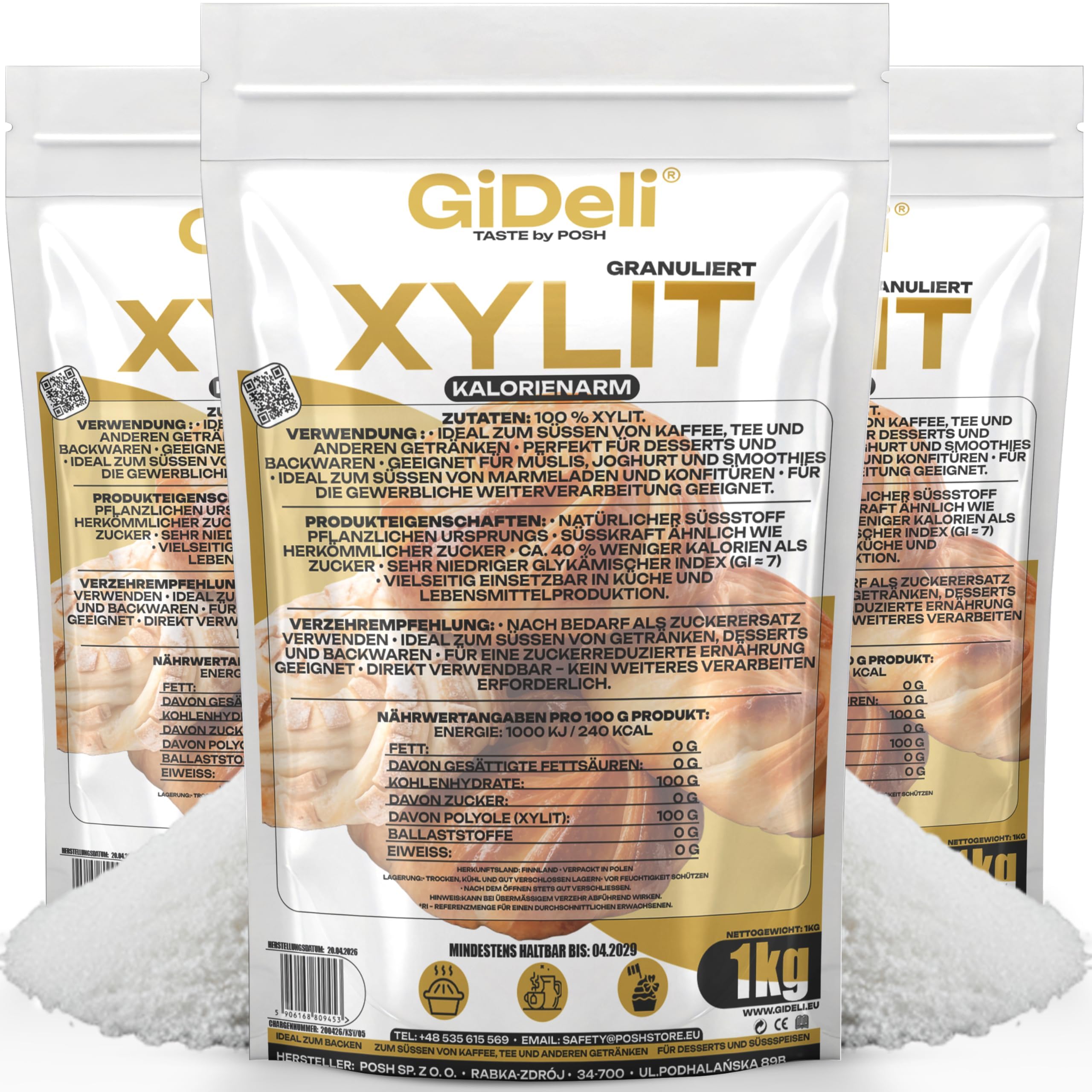 GiDeli Xilitol de Abedul 3 x 1 kg - Edulcorante en Polvo, sin Aditivos