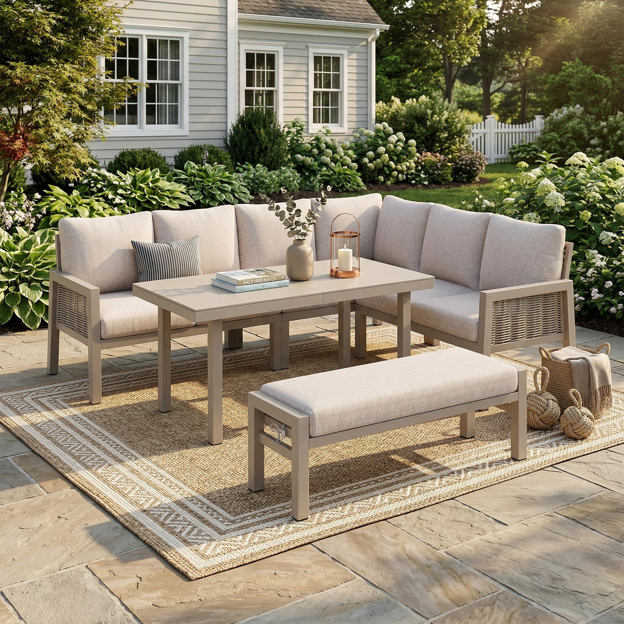 Conjunto de Comedor de jardín para 8 Personas, salón de Esquina y Banco con Mesa, Juego de Muebles de jardín para Exteriores, Trenzado de Polietileno, Acero galvanizado Rosa Claro