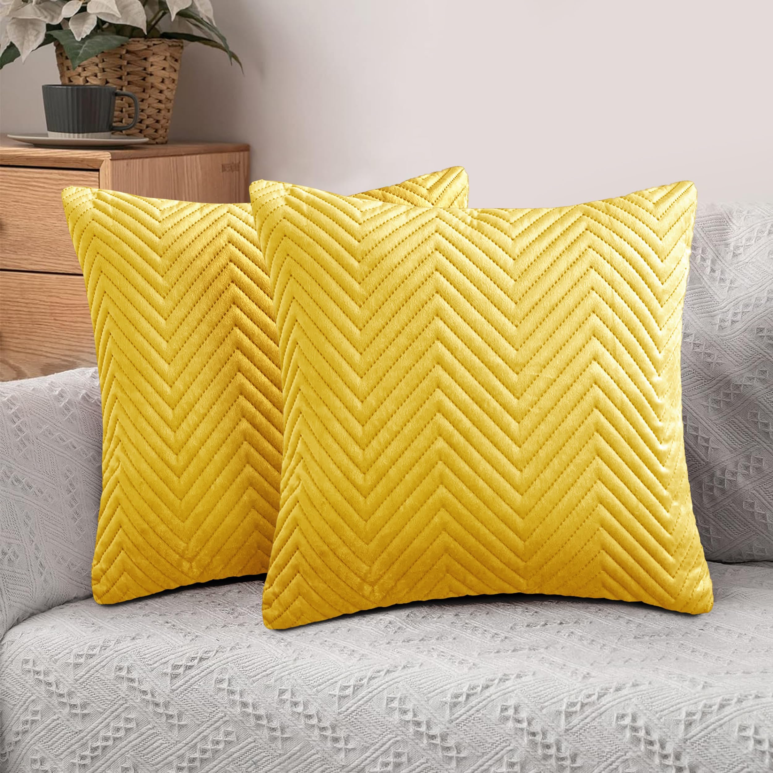 Hafaa Cushions with Covers Included 45 x 45 Cm Set of 4 (2 Ochre Cushion Covers, 2 Cushion Inserts) - Ultrasonic Velvet Square Throw Pillow Case Decorative Sofa Cushion with Invisible Zipper โ image 1