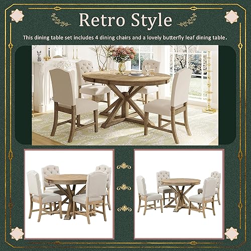 Vista 3 de Juego de mesa redonda LUMISOL para 4, juego de mesa de cocina extensible con 4 sillas tapizadas, juego de mesa y sillas de madera maciza para Lavado