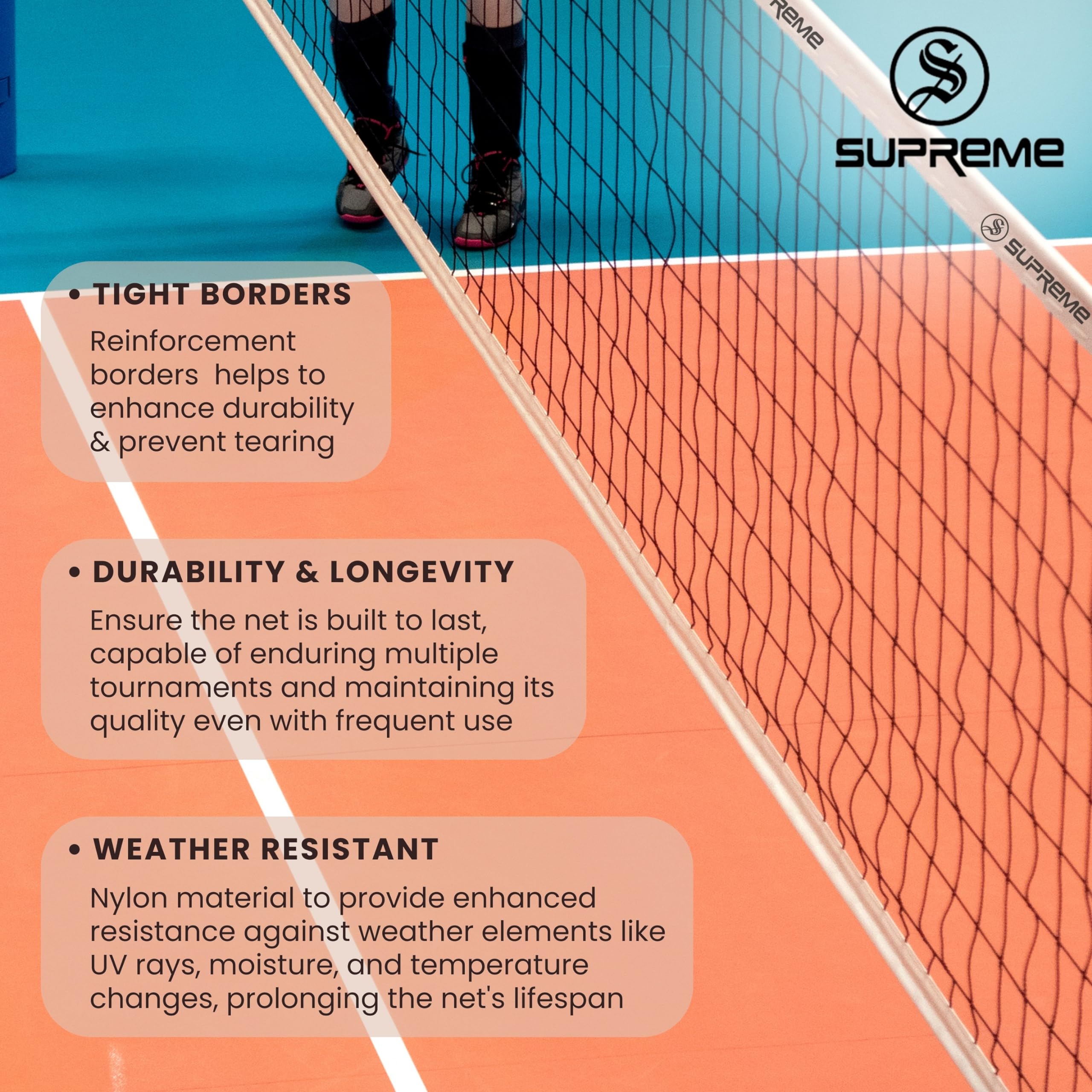 Supreme Volleyball Net Classic (4 Side Canvas) Heavy Duty (Pack of 1) Volleyball Net (Black, Beige) 2
