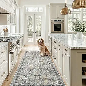 Madane Runner Rug 2'6''x8' Kitchen Runner, Hallway Runner Printed Vintage Washable Rugs Soft Non-Slip Low Pile 2.5x8 ft Runners for Hallways Laundry Room Rug Distressed Rug, Green/Gold