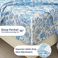 Vista 4 de Mooreeke Cómodo juego de sábanas de tamaño individual, floral, de microfibra, estampado, suave y transpirable, azul y beige, bajera ajustada que