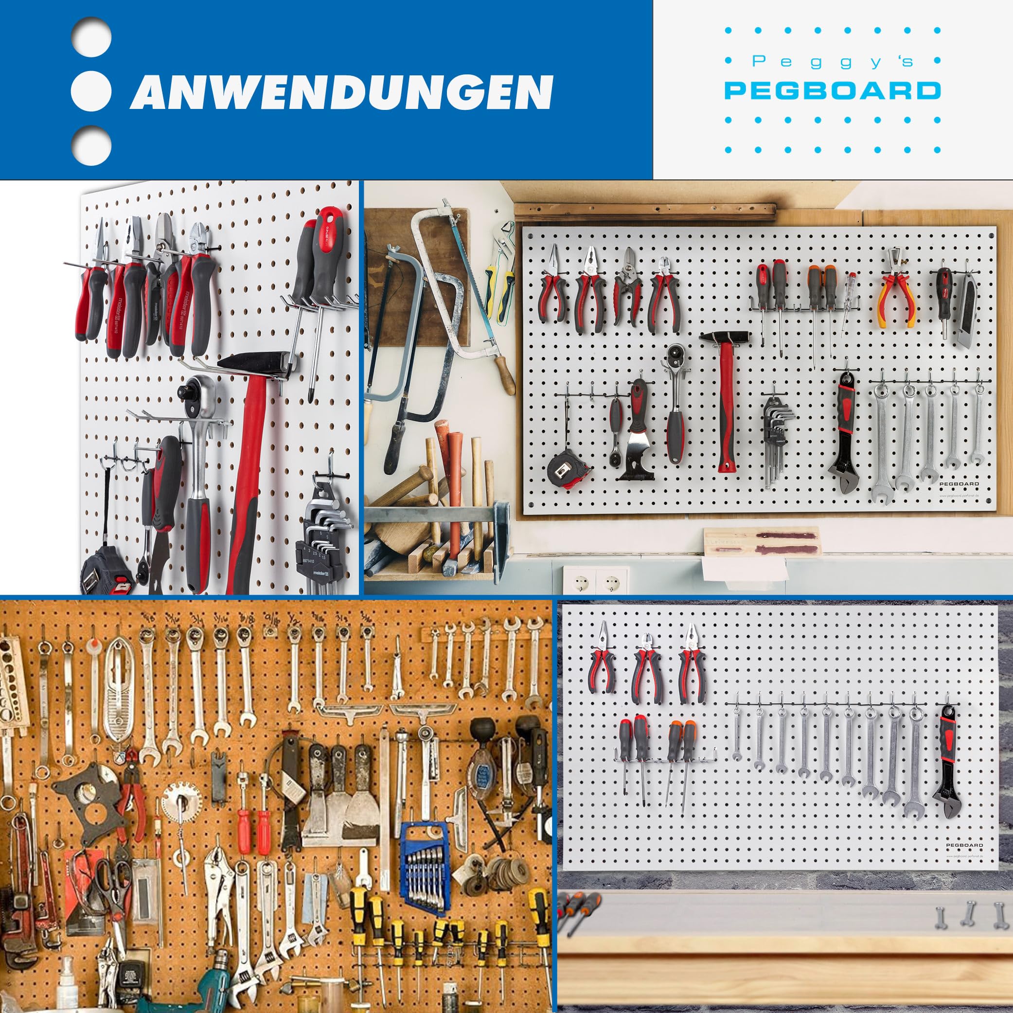 Pegboard Midi 4 St. Werkzeugwand aus Holz (MDF) 99 x 58,5 x 0,4 cm - Lochung Ø5 mm Lochabstand 15 mm - grau lackiert - Made in Germany
