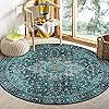 Moynesa Ultra-Thin Washable Round Rug - 4ft Oriental Circle Area Rugs for Bedroom Entryway, Teal Vintage Non Slip Non Shedding Low Pile Carpet for Living Room Coffee Table Kitchen