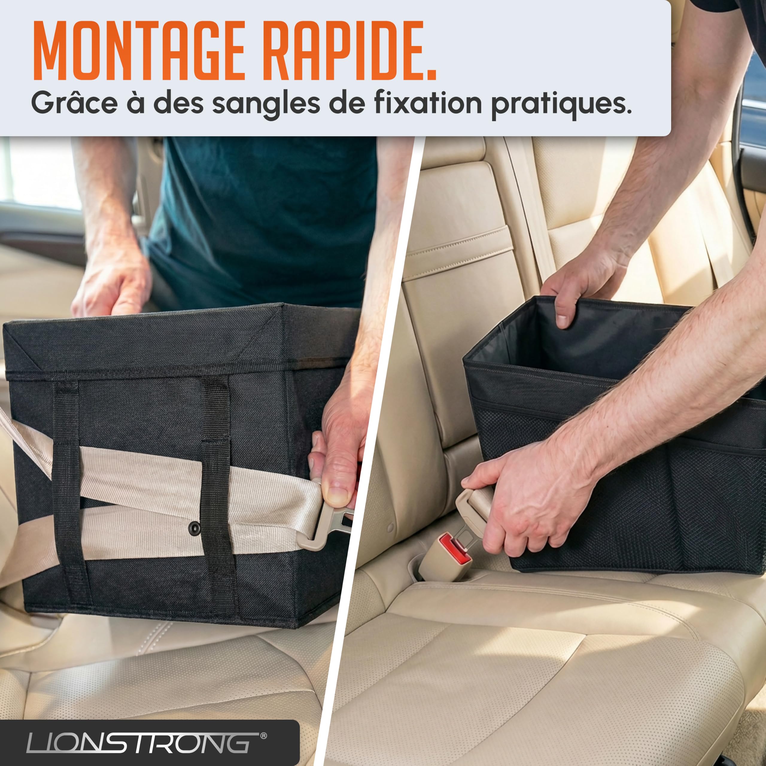LIONSTRONG® Organisateur de Voiture [TRÈS STABLE GRÂCE AUX PANNEAUX PLASTIQUE] - Organisateur Universel Siège Arrière et Siège Avant - Idéal pour les Vacances - Espace pour Jouets - Résistant à l'Eau