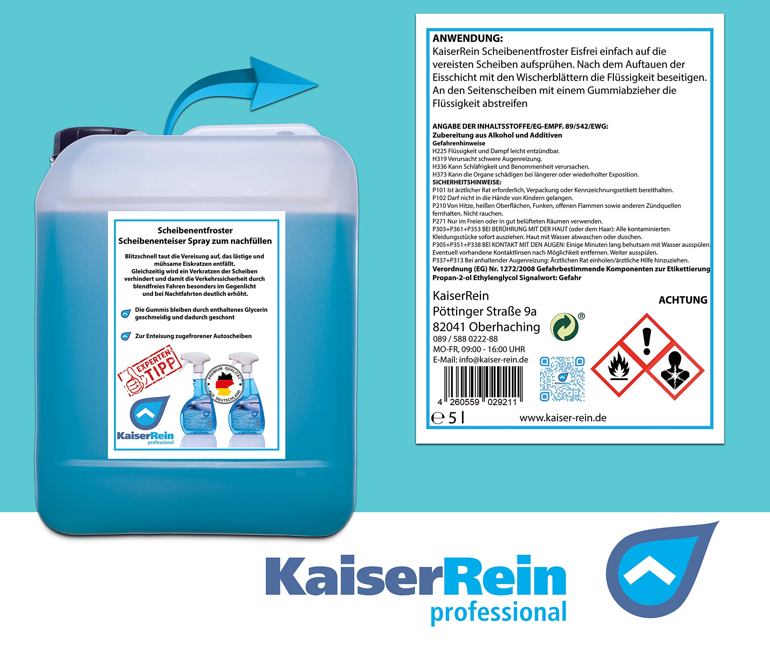 KaiserRein Scheibenentfroster 5 L Kanister Scheibenenteiser Spray Verkratzen der Scheiben verhindert und damit die Verkehrssicherheit durch blendfreies Fahren deutlich erhöht