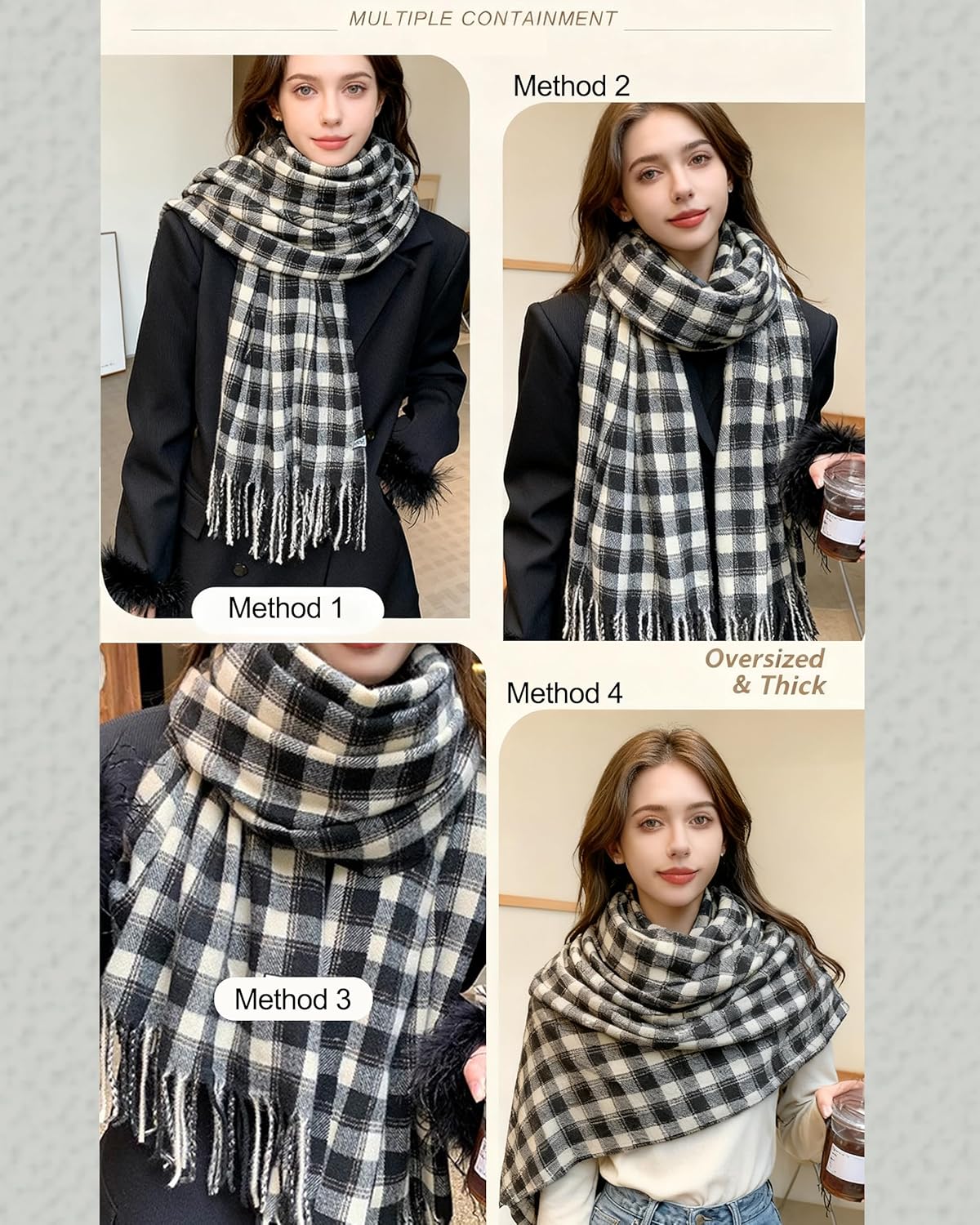 Cashmere-Feel Large Shawl Plaid Scarf for Women, Fall Winter Soft Warm Pashmina Blanket Wrap with Fringe - Image 5