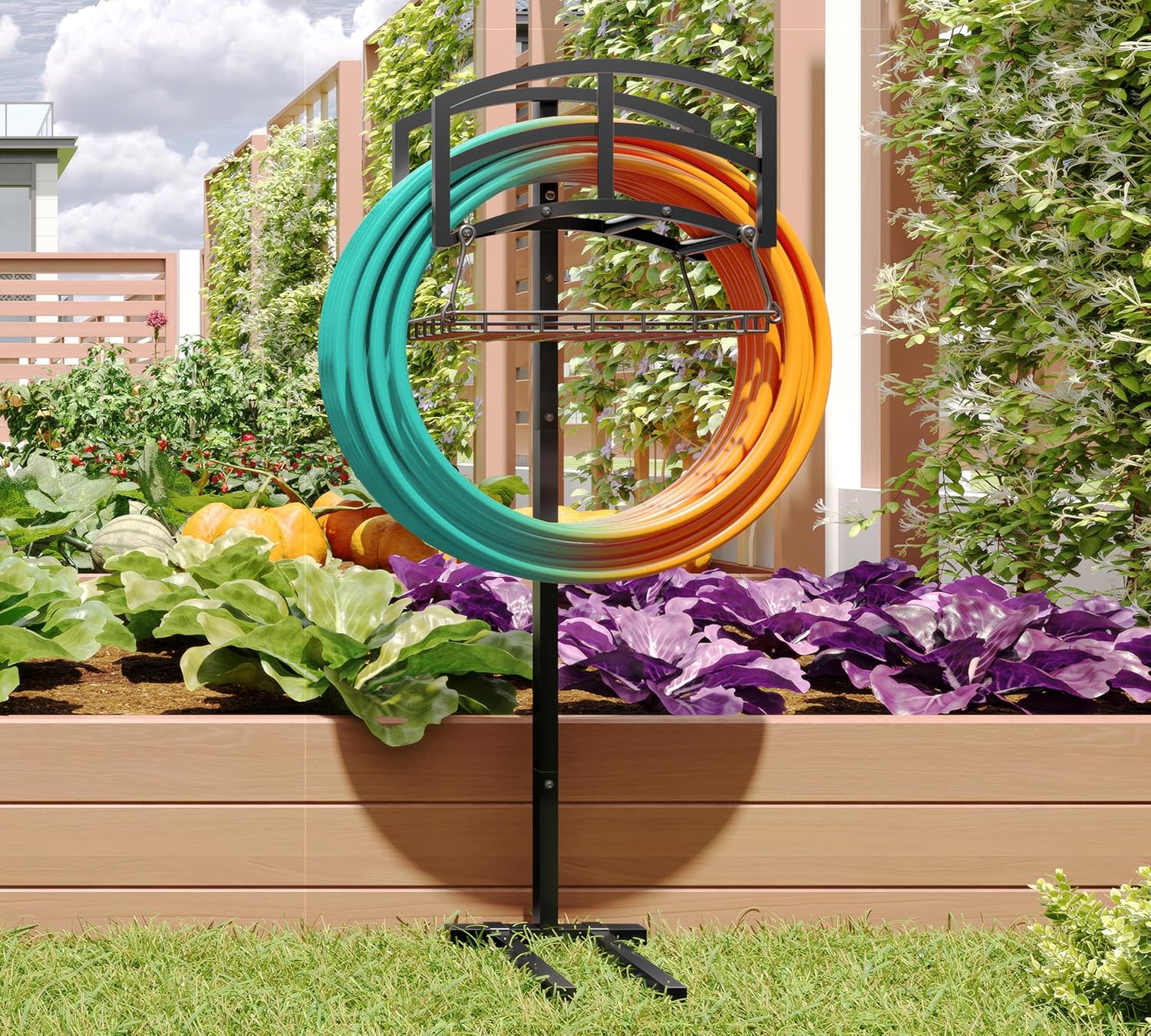 Fire Beauty Garden Hose Holder with Storage Basket,Heavy-Duty,80+ lb Capacity,Rust-Proof Stainless Steel,Organizes 150ft Hose for Patio,Yard, or Garage