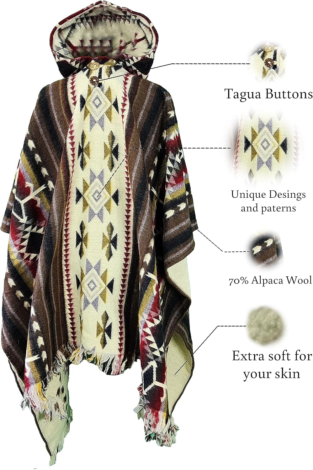 Alpaca Mens Poncho with Hood – Cowboy Serape Western Poncho - Clint Eastwood Poncho for Men - Ecuadorian Cloak with Hood Men - Image 5