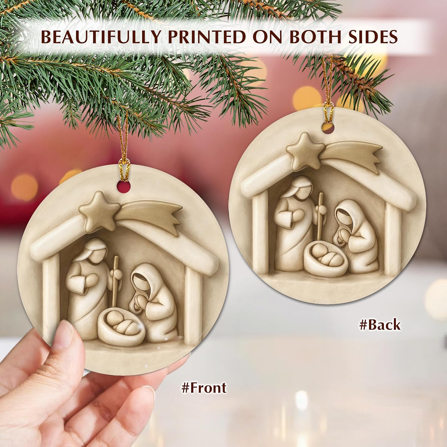 Holy Family Nativity Ornament 2025 - Double-Sided Printing Ceramic Christmas Tree Ornaments, Catholic Christian Gifts for Women, Men - Church Party Favors, Holiday Ornament Exchange Idea - Image 4