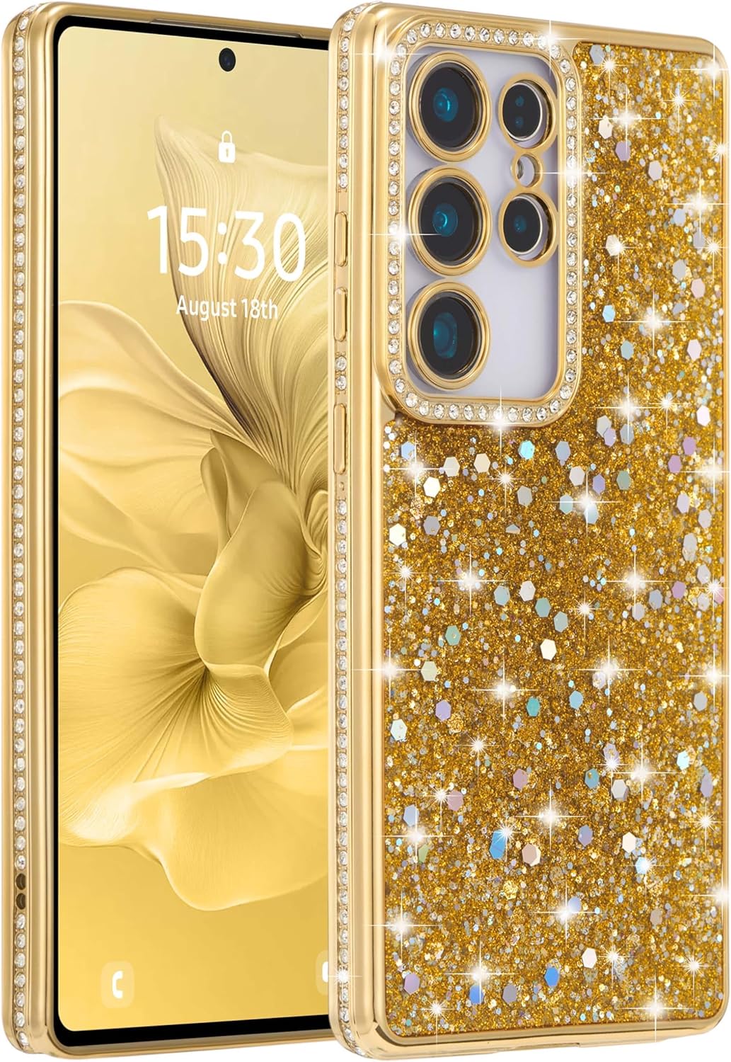 FABSPARK Case for Samsung Galaxy S25 Ultra,Glitter Crystal Diamond Rhinestone Sequin Shiny Bling Sparkly Glossy Luxury Electroplated,Aesthetic Cute Full Protection for Samsung Galaxy S25 Ultra,Golden