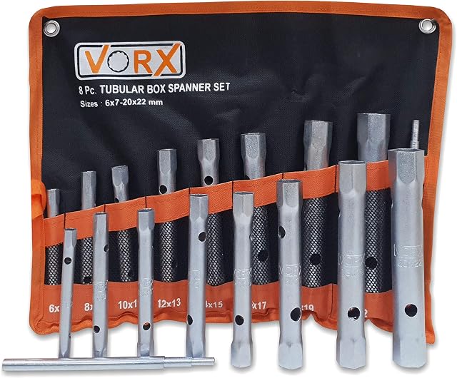 Vorx Box Tubular Spanner Set 8pc with 1 Two Step Tommy Bar Double Ended Metric 6x7mm to 20x22mm, Zinc Plated, Supplied in Heavy Storage Wallet, Heavy Duty Box Spanners