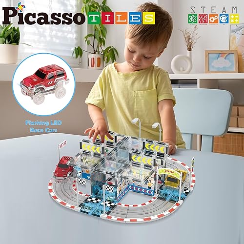 Miniatura 5 de PicassoTiles Juego de pista de carreras de azulejos magnéticos con camiones, juguete de aprendizaje STEAM para niños a partir de 3 años