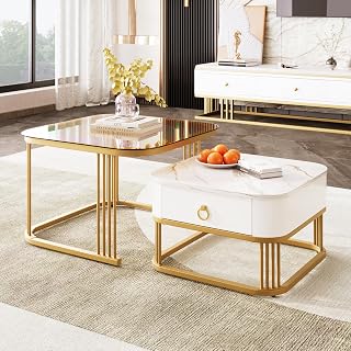 BTM Stapelbarer Couchtisch: hochglänzende Marmoroptik und Teebraun Glasplatte, goldene Akzente, Beistelltisch mit Schubladen. zweiteiliges Set